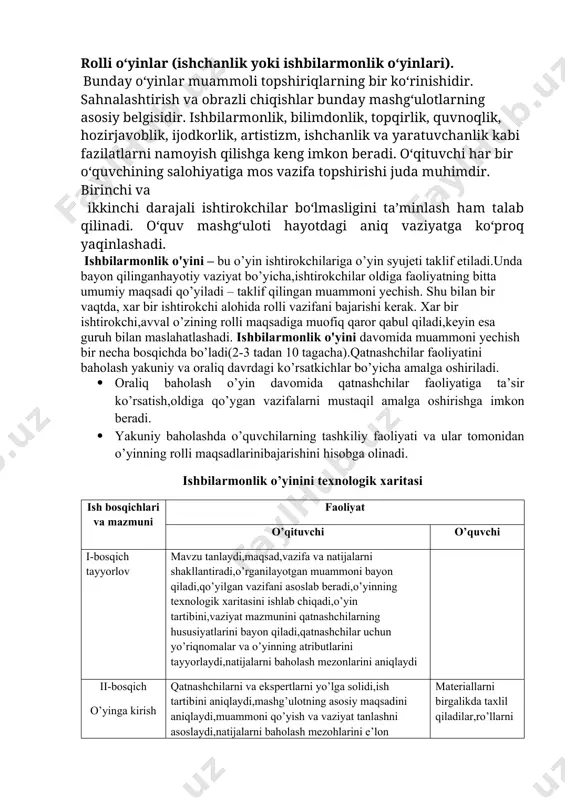 r. ishbilarmonlik, bilimdonlik, topqirlik, quvnoqlik, hozirjavoblik, ijodkorlik, artistizm, ishchanlik va yaratuvchanlik kabi fazilatlarni namoyish qilishga keng imkon beradi. o‘qituvchi har bir o‘quvchining salohiyatiga mos vazifa topshirishi juda muhimdir. birinchi va ikkinchi darajali ishtirokchilar bo‘lmasligini ta’minlash ham talab qilinadi. o‘quv mashg‘uloti hayotdagi aniq vaziyatga ko‘proq yaqinlashadi. ishbilarmonlik o'yini – bu o’yin ishtirokchilariga o’yin syujeti taklif etiladi.unda bayon qilinganhayotiy vaziyat bo’yicha,ishtirokchilar oldiga faoliyatning bitta umumiy maqsadi qo’yiladi – taklif qilingan muammoni yechish. shu bilan bir vaqtda, xar bir ishtirokchi alohida rolli vazifani bajarishi kerak. xar bir ishtirokchi,avval o’zining rolli maqsadiga muofiq qaror qabul qiladi,keyin esa guruh bilan maslahatlashadi. ishbilarmonlik o'yini davomida muammoni yechish bir necha bosqichda bo’ladi(2-3 tadan 10 tagacha).qatnashchilar faoliyatini baholash yakuniy va oraliq davrdagi ko’rsatkichlar bo’yicha amalga oshiriladi. · oraliq baholash o’yin davomida qatnashchilar faoliyatiga ta’sir ko’rsatish,oldiga qo’ygan vazifalarni mustaqil amalga oshirishga imkon beradi. · yakuniy baholashda o’quvchilarning tashkiliy faoliyati va ular tomonidan o’yinning rolli maqsadlarinibajarishini hisobga olinadi. ishbilarmonlik o’yinini …