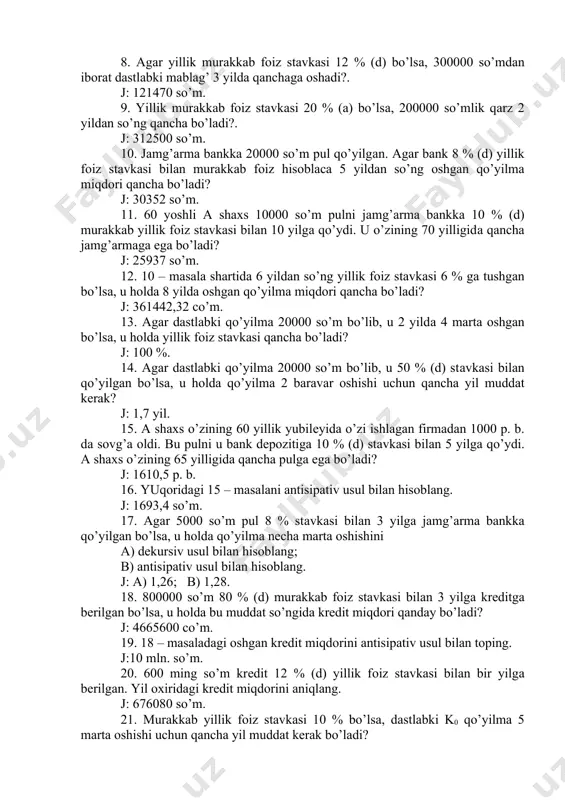 i bilаn 2 yilgа bеrilgаn bo’lsа, hаmdа fоiz to’lоvi hаr kvаrtаldа hisоblаnsа, u hоldа 2 yildаn so’ng krеdit miqdоri qаnchа bo’lаdi? j: 380040 so’m. _1641296592.unknown _1641296593.unknown _1641296594.unknown _1641296595.unknown _1641296596.unknown _1641296597.unknown _1641296598.unknown _1641296599.unknown _1641296600.unknown _1641296601.unknown _1641296602.unknown _1641296603.unknown _1641296604.unknown _1641296605.unknown _1641296606.unknown _1641296607.unknown _1641296608.unknown _1641296609.unknown _1641296610.unknown _1641296611.unknown _1641296612.unknown _1641296613.unknown _1641296614.unknown _1641296615.unknown _1641296616.unknown _1641296617.unknown _1641296618.unknown _1641296619.unknown _1641296620.unknown _1641296621.unknown _1641296622.unknown _1641296623.unknown _1641296624.unknown _1641296625.unknown _1641296626.unknown _1641296627.unknown _1641296628.unknown _1641296629.unknown _1641296630.unknown _1641296631.unknown _1641296632.unknown _1641296633.unknown n n p k k ÷ ø ö ç è æ + = 100 1 0 i p = 100 i i i p r + = + = 1 100 1 n p i n p n n i r p = = ÷ ø ö ç è æ + 100 1 n p n n i k r k k × = × = 0 0 ( ) 0 1 k k i r n n n = + = n n …