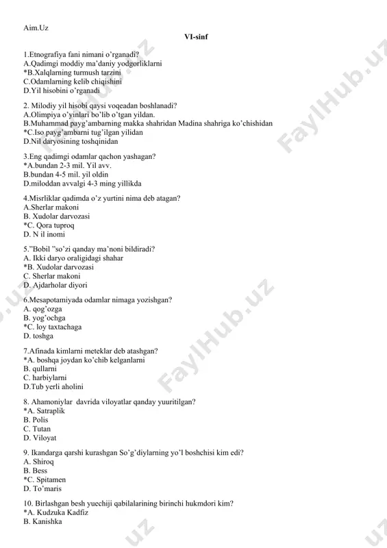 arximed d. demokrit 20.mesapotamiya aholisi qaysi daraxtni “hayot daraxti” deb atashgan? *a. xurmo daraxtini b. olma daraxti c. o’rik daraxti d. limon daraxti vii-sinf 1. ilk o’rta asrlardagi “dehqonlar” kimlar? *a. zodagonlar b. shaxsiy qo’riqchilar c. oddiy ziroatchilar d. qaram kishilar 2.ilk o’rta asr lardagi”kadivarlar” kimlar? a. yirik zamindorlar b. yarimchilar *c. dehqonlarga qaram ziroatchilar d. yollanma jangchi 3.qang’ davlatidan birinchi bo’lib qaysi davlat ajralib chiqqan? *a. iii asr xorazm b. vi asr so’g’diyona c. ii asr chog’aniyon d. i asrda shosh 4. tuproqqal’a shahrining umumiy maydoni qancha bo’lgan? a. 12 gektar b. 26 gektar c. 47 gektar d. 39 gektar 5. xorazm poytaxtini tuproqqal’adan kat shahriga kim ko’chirgan? *a. podsho afrig’ b. podsho arsamu c. podsho vazamar d. podsho farasman 6. vi asrda o`lkamizda nechta mayda davlatlar bo’lgan? a. 5 ta b. 14 ta c. 10 tadan ortiq d. 7 ta 7. garbiy turk hoqonligining markazi qayerda edi? a. …