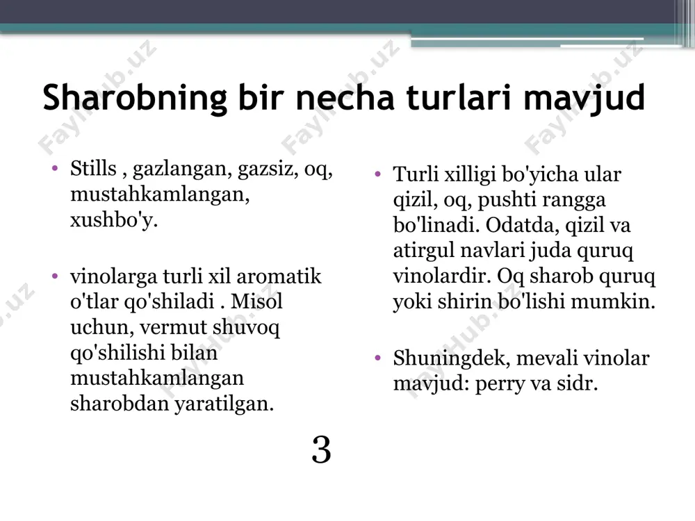 sh va tozalash fermentatsiya va qayta ishlashdan keyin tozalash va filtrlash bosqichi keladi. bu erda fermentatsiyadan keyin qolgan qattiq moddalar chiqariladi. qoldiqlarni olib tashlash uchun vinochilar sharobni filtr orqali bir idishdan ikkinchisiga quyadilar. shu bilan birga, ushbu jarayon davomida spirtli ichimliklar afzal qilingan ta'mni olish uchun boshqa sharob turlari bilan aralashtirilishi mumkin. 11 konservalash kaliy sorbat bilan saqlanadi . tabiiy fermentatsiya jarayoni minimal miqdorda sulfitlarni ishlab chiqaradi. jarayoni juda muhim, chunki bakterial hujum va natijada kelajakdagi ichimlikning ta'mini yo'qotishi mumkin. sharobga qo'shilgan konservantlar antioksidant yoki antimikrobiyal himoya hosil qiladi. 12 sharobning qarishi sharoblar ko'proq yoki kamroq foydali sifat va ta'mga ega bo'lish uchun ma'lum vaqt davomida qariydi. tozalashdan keyin vinolar qarish uchun maxsus yog'och barrellarga o'tkaziladi. xushbo'ylikni yaxshilash uchun ba'zan metall idishlar, beton idishlar va shisha idishlar ishlatiladi. qarish jarayonida sharob asta-sekin oksidlanadi va yumshoqroq bo'ladi . 13 13 shishaga quyish qarishdan keyin sharob shishaga solinadi. shishani quyish jarayonida shisha …