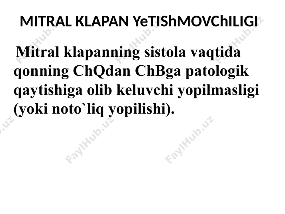 , o`ngdan chap bo`lmacha ravog`i bo`rtib turibdi, o`pka stvoli deyarli bo`rtmagan. surunkali mitral yetishmovchilikda ko`krak qafasi rentgenogrammasi (o`ng qiyshiq holat) yurak soyasi kattalashgan kontrastlangan qizilo`ngach katta radius ravog`i bo`ylab orqaga egilgan, o`ng qorincha o`pka konusi biroz bo`rtgan. differensial diagnoz mitral klapan prolapsi mitral klapan stenozi tireotoksikoz asoratlari: qon tupurish va yurak astmasi nisbatan kam kuzatiladi xilpillovchi aritmiya tromboembolik asoratlar va yuqori o’pka gipertenziyasi nisbatan kam kuzatiladi davolash yuqsni me'yorlash uchun – yurak glikozidlari, betta adrenoblokatorlar, amiodaron, diltiazem, verapamil tromboembolik asoratlar profilaktikasi – antikoagulyantlar yue –glikozidlari, apf-ingibitorlari, diuretiklar xirurgik davo – mk rekonstruksiyasi va uni protezlash oqibati operativ davosiz 5 yil umr ko’rish 25-40% tashkil qiladi, mkni protezlangandan keyin - 60-80%ni tashkil qiladi mitral teshik stenozi chap bo`lmacha-qorincha teshigining chap bo`lmacha va qorincha orasidagi diastolik bosim gradienti oshishiga olib keluvchi torayishi epidemiologiya yurakning barcha revmatik nuqsonlari ichida aloxida mitral stenoz 40%ni tashkil qiladi. ko`pincha ayollarda aniqlanadi (4:1) etiologiya revmatik isitma infeksion …