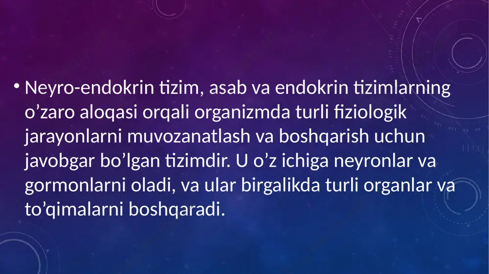 ipofizga yuboradi, bu esa gipofizning gormonlar ishlab chiqarishiga sabab bo’ladi. 3. neyro-endokrin ta’sirlar: asab tizimi va endokrin tizimi o’rtasida uzluksiz va o’zaro ta’sirlar mavjud. misol uchun, stressga javoban, gipotolamus va gipofiz bezi adrenal bezni gormon ishlab chiqarishga rag’batlantiradi, bu esa organizmga stressga moslashish uchun zarur bo’lgan javobni beradi (masalan, adrenalinin chiqarilishi). patologiyalar va kasalliklar neyro-endokrin tizimning buzilishi turli kasalliklarga olib kelishi mumkin. ba’zi asosiy kasalliklar quyidagilardan iborat: diabetes mellitus: insulin ishlab chiqarilishining yetishmovchiligi yoki uning organizm tomonidan foydalanilishi buzilishi natijasida rivojlanadi. gipotireoz va gipertireoz: tiroid bezi gormonlarining etishmasligi yoki ortiqcha ishlab chiqarilishi. addison kasalligi: adrenal bezlarning yetishmovchiligi natijasida kortizol darajasining pasayishi. polikistik tuxumdon sindromi (pcos): ayollarda jinsiy gormonlar balansining buzilishi, bu esa ovulyatsiya muammolariga olib keladi. addison kasalligi eʼtiboringiz uchun raxmat image3.png image4.jpeg image5.jpeg image6.jpeg image7.jpeg image8.jpeg image9.jpeg /docprops/thumbnail.jpeg