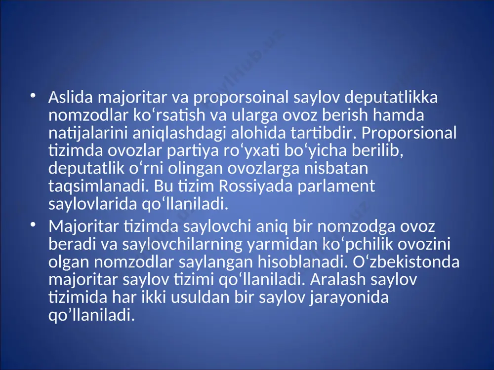 ar ma'lum prinsiplarda o‘tkazilib, ular demokratik talablarga, xalqaro hujjat normalariga mos bo‘ladi. jumladan, konstitutsiyada saylov umumiy, teng va to‘g‘ridan to‘g‘ri saylov huquqi asosida yashirin ovoz berish yo‘li bilan o‘tkazilishi, har bir saylovchi bitta ovozga ega ekanligi, ovoz berishda fuqaro o‘z xohish-irodasini erkin bildirishi ko‘rsatib qo‘yilgan (117-modda). ana shular saylov huquqining asosiy prinsiplari bo‘lib, saylov to‘g‘risidagi qonunlarda har biri alohida moddalarda berilgan. umumiy saylov prinsipi umumiy saylov prinsipi – mamlakatdagi barcha fuqarolarga kimligidan qat'iy nazar, (ya'ni millati, dini, irqi, jinsi, ijtimoiy kelib chiqishi, partiyaviyligidan qatiy nazar) saylov huquqidan foydalanish imkoniyatini beradi. umumiy saylov huquqi yosh chegarasini bo‘lishi, sud yo‘li bilan saylov huquqidan cheklash mumkinligiga yo‘l qo‘yadi. boshqacha har qanday cheklashlar mazkur prinsipni buzish hisoblanadi. teng saylov huquqi prinsipi teng saylov huquqi prinsipi – har bir saylovchini bir ovozga ega ekanligi, fuqarolar faqat bir saylov uchastkasida ro‘yxatga olinib, ovoz berishda ishtirok etishi, saylovda ishtirok etuvchi partiyalarga bir xil imkoniyatlar yaratilganligini bildiradi. to‘g‘ridan-to‘g‘ri …