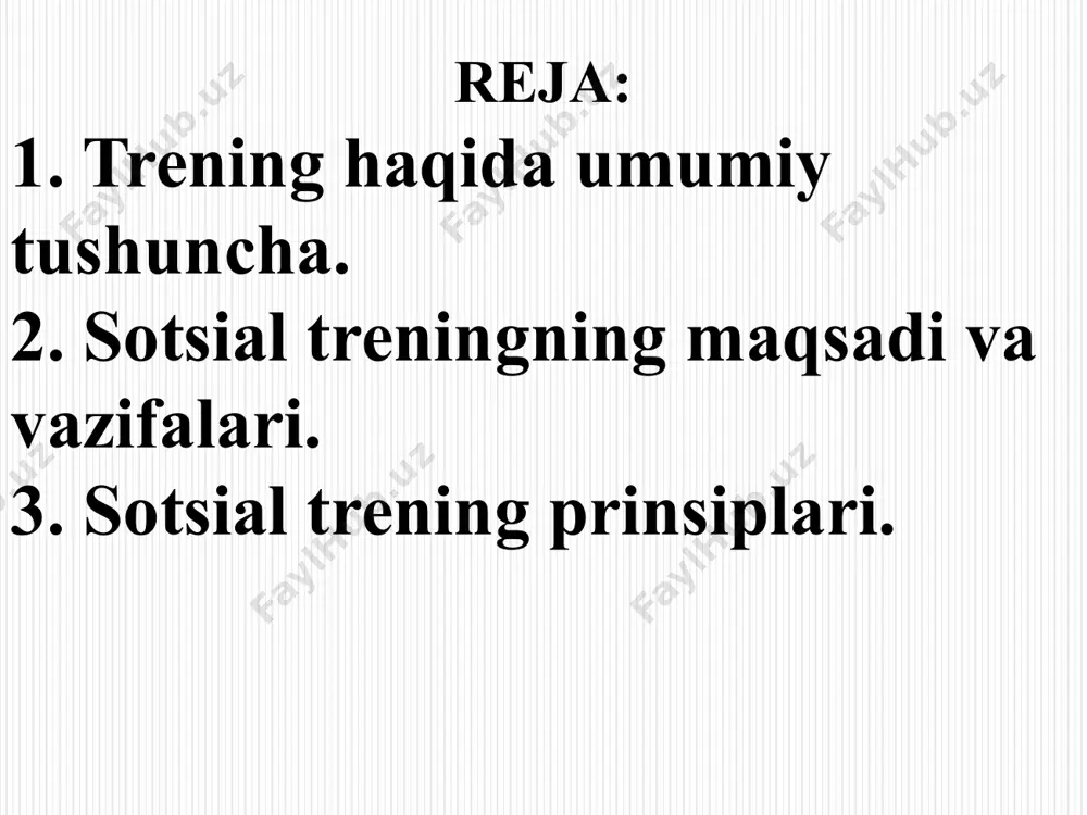 oni 7-15 kishini tashkil etadi. shu vaziyatlarda guruh a’zolari ma’lum rollar bajaradilar. sosial psixologik trening amaliy psixologiyaning sohalaridan biridir. trening muomalaning kompitentlik tomonini rivojlantiradi. asosiy maqsadi quyidagi vazifalarda aniqlanadi. 1. psixologik bilimlarni egallash. 2. muomala sohasida ko‘nikma va malakalarini shakllantirish. 3.muloqotni muvafaqqiyatli, natijali o‘tkazishga, ko‘rsatmali ustanovkani rivojlantirish meyorini belgilab beradi. 4. shaxsning o‘z-o‘zini to‘la holda idrok eta olish, anglay bilish va boshqalarni idrok eta bilish adekvat qobiliyatini rivojlantiradi. 5. shaxsning munosabat tizimini shakllantirish va belgilab berish. trening jarayonida asosan xulq atvor treningi asosiy o‘rinni egallaydi. trening turli tiplarda o‘tkazilishi mumkin. masalan: hissiyot treningi, video trening, perseptiv trening. treningning asosiy maqsadi, shaxsni psixologik ya’ni ruhiy jihatdan erkinlikka chiqarish, unda tabiiy erkinlikni his etishi o‘z guruxi va undan tashqari o‘zaro munosabati va aloqa o‘rnata olishni shakllantirish. trening har qanday guruxda olib borilishi mumkin, ya’ni o‘smirlar, o‘spirinlar, studentlar, o‘qituvchi va pedagoglar va boshqalar. bunga albatta, rahbar bo‘lishi shart. albatta, trening (o‘yinning) maqsadi va …