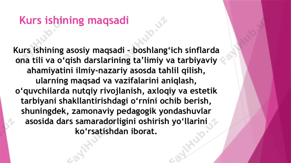 da uzoq saqlanadi. yangi mavzuni o’zlashtirishda tanqidiy, tahliliy yondosha oladi. o’qituvchi faqat yorug’ ko’rsatuvchi, kuzatuvchi vazifasini bajaradi, xolos. xulosa xulosa qilib aytganda, ona tili va o‘qish darslari umumiy o‘rta ta’limning eng muhim va asosiy bo‘g‘inlaridan biri hisoblanadi. ushbu fanlar orqali o‘quvchilarda nafaqat tilga oid bilim va ko‘nikmalar shakllantiriladi, balki ularning fikrlash doirasi kengayadi, dunyoqarashi boyiydi, nutq madaniyati rivojlanadi va eng muhimi – milliy ong, estetik did, axloqiy fazilatlar kabi hayot uchun zarur tarbiyaviy jihatlar ham mustahkamlanadi. ona tili va o‘qish darslari o‘quvchi shaxsining har tomonlama shakllanishi, uning ma’naviy kamoloti va ijtimoiy hayotda faol ishtirokchiga aylanishi yo‘lida eng muhim vositalardan biri hisoblanadi. bu fanlar orqali yosh avlodga bilim berish bilan birga, ularda o‘zlikni anglash, milliy iftixor, ona tiliga hurmat va vatanga sadoqat tuyg‘ulari singdiriladi. demak, ona tili va o‘qish darslarini yuqori sifatda tashkil etish, ularning maqsad va vazifalarini chuqur anglab, zamonaviy metodikalarga asoslanib o‘qitish – ta’lim-tarbiyaning dolzarb va muhim masalalaridan biridir. …