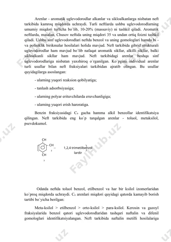 i hosilalaridan tashqari neft tarkibida ko`prik strukturali arenlar (1,2-difenil etan) ham topilgan. og`ir gazoyl, moy va oliy fraksiyalarda, shu bilan birgalikda, politsiklik arenlar ham aniqlangan. ular va ularning alkilli hosilalari (asosan metilli) quyidagilardir: neft tarkibida fenantren gomologlari antratsen hosilalariga nisbatan ancha ko`proq bo`ladi. og`ir distillatlarda 7 halqagacha bo`lgan politsiklik arenlar aniqlangan. ularning miqdori unchalik ko`p emas. monotsiklik arenlar, di- va politsikliklarga nisbatan benzin va kerosin fraksiyalarida ko`proq mavjud bo`lib, ushbu qonuniyat gazoyl va moy fraksiyalariga ham taalluqlidir. benzol halqasida yon zanjirda 1 yoki 2 metil guruxi va bir - kam tarmoqlangan uzun alkil radikali bo`ladi. umuman olganda neftlar tarkibiga kirgan arenlar miqdori quyidagicha bo`lishi kuzatiladi, massaviy % hisobida: benzol - 67% naftalinlar - 18% fenantrenlar - 8% xrizenlar va benzofluorenlar - 3% pirenlar - 2% antratsenlar - 1% boshqa aromatik uglevodorodlar - 1% arenlarning fizik xossalari arenlarning ayrim xossalari quyidagi 9-jadvalda keltirilgan. arenlar alkanlar va sikloalkanlarga nisbatan yuqoriroq zichlik va …