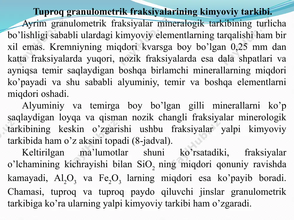 dalarni parchalayotganda turli kislotalar (limon, oksalat, sirka kislotalari kabilar) ni sintezlaydi. ular faoliyati natijasida fulvokislotaga boy gumus hosil bo’ladi. zamburug’larning ushbu xususiyati tufayli minerallarning jadal parchalanishi yuzaga keladi. suv o’tlari – hujayralarida xlorofill saqlaydigan eng mayda organizm bo’lib, deyarli barcha tuproqlarning yuza qismlarida tarqalgan. suv o’tlari o’z xlorofillari orqali karbonat angidridini o’zlashtiradi. botqoq tuproqlar va sholi maydonlaridagi suv o’tlari suvdagi karbonat angidridini o’zlashtirib oladi va kislorod ajratib uning aerasiyasini yaxshilaydi. suv o’tlari jinslarning nurash jarayonlarida va dastlabki tuproq paydo bo’lishida ham aktiv ishtirok etadi. tuproqlarda yashil, ko’k-yashil va diatom suv o’tlarining 30 ga yaqin turi havodagi azotni biriktirish xususiyatiga ega ekanligi aniqlangan. bu sholichilik sharoitida katta ahamiyatga ega. lishayniklar - zamburug’ va suv o’tlarining bir joyda yashash ya’ni simbiozdan iborat organizmlardir. zamburug’ suv o’tlarini suv va unda erigan mineral moddalar bilan ta’minlaydi, suv o’tlari esa zamburug’lar o’zlashtiradigan uglevodlarni ishlab chiqaradi. lishayniklar odatda kambag’al tuproqlar, qumli yerlar, toshlar yuzasida hamda tundra …