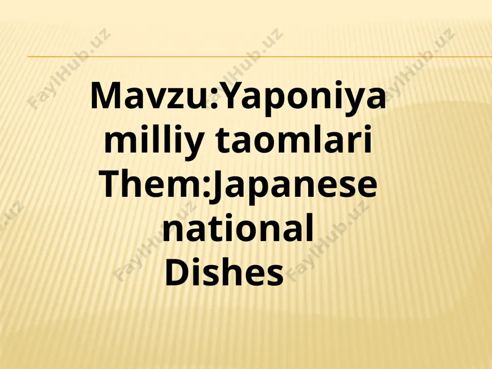 pan. ramen is very tasty and healthy because of the flavor additions that use different herbs or roots during cooking. sushi yaponiyaning asosiy milliy taomlaridan biri hisoblanadi, uning biznes kartasi. butun dunyoda an'anaviy yapon taomlari asosan quruqlik yoki "sushi" bilan bog'liq, chunki ular uyda chaqiriladi. ovqat turli xil plomba bilan kichik bir to'p yoki guruch rulosidir: baliq, sabzavot, tuxum, yosun), soya sousi odatda xushbo'y yordamchi sifatida ishlatiladi. sushi is one of the main national dishes of japan, its business card. all over the world, traditional japanese food is mostly about sushi, or "sushi" as they are called at home. the meal is a small ball or rice roll with various fillings: fish, vegetables, eggs, seaweed), soy sauce is usually used as a flavoring assistant. thans you very much image3.jpeg image4.jpeg image5.jpeg image6.png image7.jpeg image8.jpeg image9.jpeg