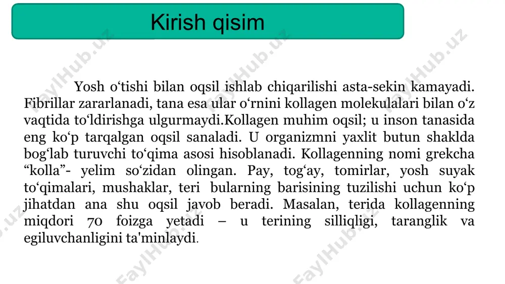 rning ahamiyatini tushunish, biriktiruvchi to'qima kasalliklari bilan bog'liq bo'lgan holatlar uchun tibbiy muolajalar va davolash usullarining rivojlanishiga olib kelishi mumkin. 2 kollagen oqsilini tartibga solishda fosforlanishning roli a proteinlarning post-translatsion modifikatsiyalari ularning funktsiyalarini tartibga solishda hal qiluvchi rol o'ynaydi. masalan, kollagen oqsili fosforlanishdan o'tadi, bu uning tartibga solinishi uchun zarurdir. b kollagen oqsilining fosforlanishi uning tuzilishi, barqarorligi va boshqa molekulalar bilan o'zaro ta'siriga ta'sir qilishi ma'lum. ushbu modifikatsiya turli to'qimalarda kollagenning yaxlitligi va funksionalligini saqlab qolish uchun juda muhimdir. c kollagen oqsilini tartibga solishda fosforlanishning rolini tushunish to'qimalarning rivojlanishi va tiklanishi kabi turli fiziologik jarayonlarni o'rganish uchun juda muhimdir. u kollagen bilan bog'liq kasalliklarning asosiy mexanizmlari va potentsial terapevtik maqsadlar haqida tushuncha beradi. translatsiyadan keyingi modifikatsiyalar oqsillarning tuzilishi va funktsiyasini tartibga solishda hal qiluvchi rol o'ynaydi. kollagen oqsili atsetillanish va metillanishdan o'tadi, bu uning barqarorligi va biologik faolligiga ta'sir qiladi. asetilatsiya kollagenning lizin qoldiqlariga atsetil guruhini qo'shishni o'z ichiga oladi, …