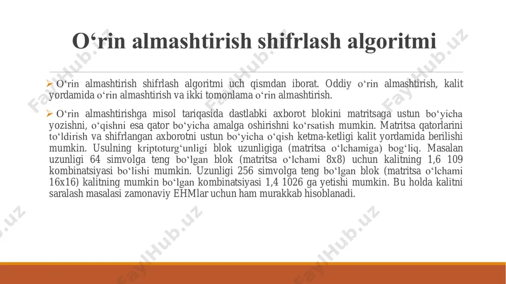 rdagi harflar tartibidagi sonlardan foydalaniladi. avvalam bor kalit simvollariga qarab jadval tuziladi va ochiq t0 matn qator shaklda joylashtirilib chiqiladi, so‘ngra esa raqamlar navbatma - navbat tartiblanib, avval qator, so‘ngra esa ustun o‘rni almashtiriladi va jadvaldagi ma’lumot qator bo‘yicha o‘qilib t1ga ega bo‘linadi. , ◦masalan: «intilganga tole yor» ochiq matni shifrlash talab etilsin. bu yerda kalit bo‘lib 1342 va 2314 xizmat qiladi. yaxshiroq izohlanishi uchun k1=1342 qator sifatida va k2=2314 ustun sifatida belgilab olamiz. 4x4 jadval yaratib t0 qator bo‘yicha yozamiz 2 3 1 4 1 i n t i 3 l g a n 4 g a t o 2 l e yo r endi qator va ustunlar tartib bo‘yicha o‘rinlari almashtiriladi. 2 3 1 4 1 i n t i 2 l e yo r 3 l g a n 4 g a t o 1 2 3 4 1 t i n i 2 yo l e …