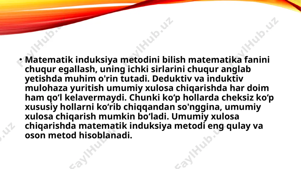 + 1)]⋮3 ekanligini isbotlaymiz. isbot. ( k + 1 ) 3 + 2 ( k + 1) = k 3+ 3 k 2 + 3 k + 1+ 2 k + 2 = = ( k 3 + 2 k ) + (3k 2 + 3 k + 3) = ( k 3 + 2 k ) + 3 ∙ ( k 2 + k + 1) . bu yig‘indi 3 ga karrali, chunki birinchi qo‘shiluvchi ( k 3 + 2 k )⋮3 — farazga asosan, ikkinchi qo‘shiluvchi 3 ga karrali ekanligi ko‘rinib turibdi: 3 • ( k 2 + k + 1)⋮3. demak, ( n 3 + 2 n )⋮3bo‘ladi. d)(n3+11 n )⋮6bo‘lsa, uni matematik induksiya metodi yordamida isbotlang. biz 10 soni 5 ga bo‘linadi, 20 soni 5 ga bo‘linadi, 100 soni 5 ga bo‘linadi, 1000 soni 5 ga bo‘linadi degan mulohaza yordamida yozuvi 0 raqami bilan tugaydigan ixtiyoriy …