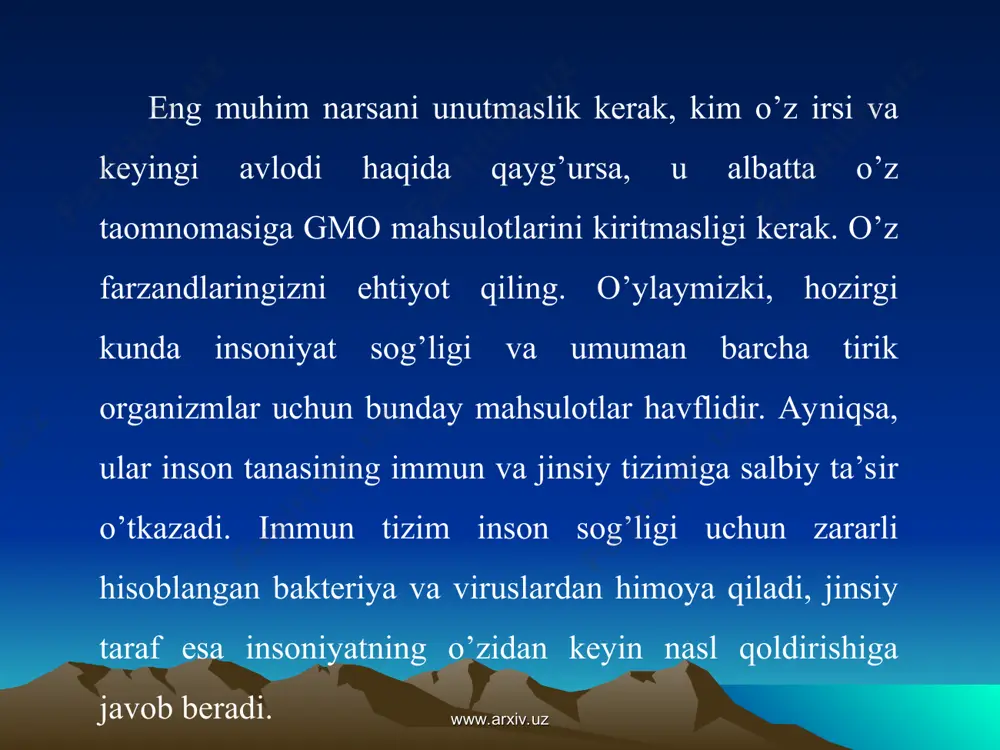 r mavjud. www.arxiv.uz www.arxiv.uz www.arxiv.uz www.arxiv.uz pomidor pomidorligicha qoladimi? odatda, yangi tibbiy va biodori-darmonlar uzoq yillar hayvonlarda sinab ko‘rilganidan so‘ng odamlarga tavsiya etilardi. transgen mahsulotlar esa yaratilganiga hali ko‘p vaqt bo‘lmasdan, iste’molga kiritilgan. shuning uchun, olimlar tobora rivojlanib borayotgan geni o‘zgartirilgan o‘simliklar yetishtirishning salbiy oqibatlari xususida o‘z taxminlarini ma’lum qilmoqda. ularning fikricha, bunda eng avvalo biologik xatar paydo bo‘lishi ehtimoli ko‘proq. ya’ni, yangi genlar ekinlarda turli kasalliklar, zararkunanda hasharotlarga qarshi immunitet hosil qilishi bilan bir qatorda, ulardagi himoyaviy xislat «vahshiy» o‘simliklarga ham o‘tib qolishi, ya’ni yuqishi mumkin. bu esa o‘ta yovvoyi o‘tlarning paydo bo‘lishiga olib keladi. www.arxiv.uz www.arxiv.uz nazorat — eng yaxshi chora bugungi kunda bir qator mamlakatlarda geni o‘zgartirilgan oziq-ovqatlar ishlab chiqarish hukumat nazorati ostiga olingan. xususan, 2000 yilda imzolangan xalqaro kartaxan shart­nomasi aynan butun jahonda bioxavfsizlikni ta’minlashga qaratilgan. unga ko‘ra geni o‘zgartirilgan mahsulotlarning zararsizligi tasdiqlanganidan keyingina ularni ishlab chiqarishga tatbiq etish ko‘zda tutilgan. 2008 yilga kelib bu shartnomaga …