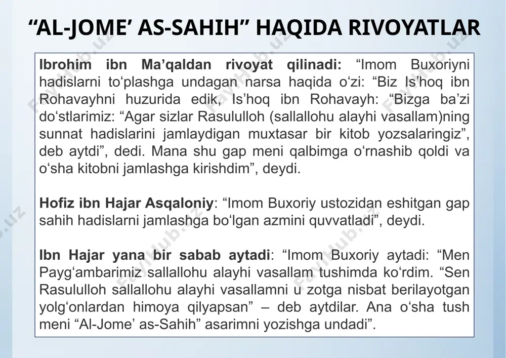 qilmog‘i mumkin?” — deyishdi. janob rasululloh sallallohu alayhi vasallam: “birovning ota-onasini so‘kkan odam o‘z ota-onasini haqorat qilgan bo‘lur”, — deb javob qildilar”. qarindosh-urug‘lariga mehr-oqibatli odamning rizqi ulug‘ bo‘lmog‘i haqida abu hurayra raziyallohu anhu: “men rasululloh sallallohu alayhi vasallamning “kimki rizqim ulug‘, umrim uzoq bo‘lsin desa, qarindosh-urug‘lariga mehr-oqibatli bo‘lsin!” deganlarini eshitganmen”, — deydilar. munofiqning alomati janob rasululloh sallolohu alayhi va sallam: munofiqning uchta alomati bor: so‘zlasa yolg‘on so‘zlar; va'da qilsa, bajarmas; omonatga xiyonat qilur, - deganlar. rasululloh sallolohu alayhi vasallam aytganlar: quidagi to‘rtta xislat kimda bo‘lsa, aniq munofiq bo‘lgaydir, kimdaki ulardan bittasi bo‘lsa, unit ark etmaguncha munofiqlikdan bir xislati bor ekan, deyiladir: - omonatga xiyonat qilgaydir; - so‘zlasa, yolg‘on so‘zlagaydir; - shartnoma tuzsa, shartida turmagaydir; - urishib qolsa, kek saqlagaydir va nohaqlik qilgaydir. marhamatsiz kishiga marhamat qilinmaydi abu said raziyallohu anhu rivoyat qildi: rasululloh sallallohu alayhi vasallam: “marhamat qilmagan kishiga marhamat qilinmaydi”, — dedilar. jobir ibn abdulloh (raziyallohu anhu)dan rivoyat qilinadi: …