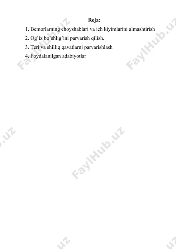 maganda va organizm zaiflashganda terining bosilib turadigan soxalarida yotoq yaralar hosil bo’ladi. badan terisida yotoq yaralar odatda kurak, bel soxasiga, tirsaklar, dumgaza, son va boldir soxasida paydo bo’lib, ularning rivojlanishiga terida qon aylanishning buzilishi sabab bo’ladi. yotoq yaralarning dastlabki belgilari: terining qizarishi, shishib turganligi va epidermisning qichishi xisoblanadi. keyinchalik terida yaralar paydo bo’ladi. to’qimalar yumshoq to’qimalar, xatto tog’ay suyaklar nekrozga uchraydi. infeksiyaning qo’shilib ketishi ba’zan sepsisga olib keladi. ishdan maqsad. og’ir axvolda yotgan bemorlarning terisini parvarishlash va yotoq yaralarning oldini olish tadbirlarini o’rganish bo’yicha malakalarini oshirish, amaliy ko’nikmalar hosil qilish. kerakli jixozlar: sochiq, dezinfeksiyalovchi eritma, (spirt, kamfora spirti), stakan, qaychi, tog’ora, iliq suv solingan idish, rezina chambar fantom ko’g’irchoq. ishni bajarish tartibi. 1. dezinfeksiyalovchi eritmalardan biri yoki iliq suv olinadi. eritma solingan shishachani iliq dezinfeksiyalovchi eritma yoki suvga xo’llanadi, oz-moz siqiladi va bemor bo’ynini, qo’loq orasini, ko’krak qafasini oldingi yuzasini, qo’ltiq ostlari artib chiqiladi. ayollarda sut bezlarining tagidagi burmalarni artishga …