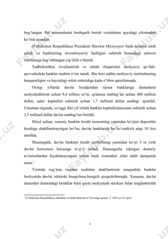 redit tizimini zarur standartlash va professionallik darajasini saqlagan holda ularning kassa zaxiralarini qonun bilan belgilangan miqdorda saqlash, ularga kredit berish (oxirgi instansiya kreditori), nazorat qilish; v) mamlakatning asosiy hisob-kitob markazi. bu degani, boshqa banklar o‘rtasida o‘zaro talablari va majburiyatlarining zachyoti (kliring) asosida naqd pulsiz operatsiyalarini amalga oshirishda vositachi vazifasini bajaradi; tartibga solish funksiyasi - pul muomalasini tartibga solishdir. bunga naqd va naqdsiz pul emissiyasini kamaytirish yoki ko‘paytirish va diskont siyosati, minimal zaxiralar siyosati, ochiq bozor, valyuta siyosati orqali erishiladi. tartibga solish funksiyasi nazorat funksiyasi bilan chambarchas bog‘liq. masalan, minimal zaxira siyosatini o‘tkazishda, markaziy bank muayyan bankning holati haqida keng ma'lumot oladi. nazorat funksiyasiga bankning bank tizimi tarkibining sifat talablariga muvofiqligini aniqlash kiradi, ya'ni kredit muassasalarini milliy bank bozoriga qabul qilish tartibi. bundan tashqari, bunga kredit muassasalari uchun zarur iqtisodiy koeffitsientlar va me'yorlar ishlab chiqish hamda ularga amal qilishni nazorat qilish kiradi. iqtisodiy normativlar – markaziy bank tomonidan belgilanadigan pul aylanmasini …