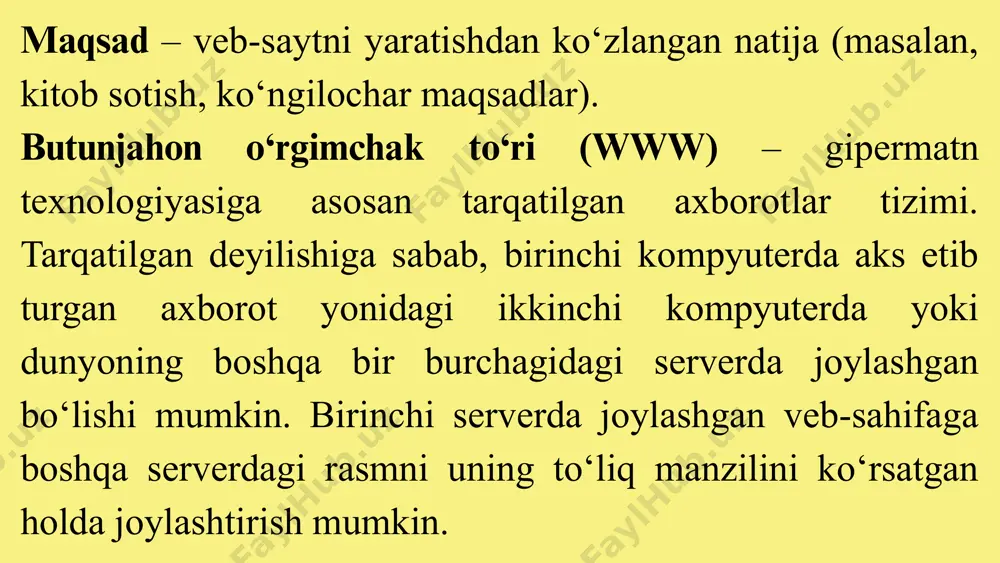 di. bu birinchi navbatda, ta’lim jarayoniga zamonaviy web texnologiyalarni joriy etishda yaqqol namoyon bo’ladi. web texnologiya deganda internet orqali har xil turdagi qurilmalar o‘rtasidagi aloqa jarayonida foydalaniladigan turli xil vositalar va texnikalar tushuniladi. web-sahifalarga kirish uchun web-brauzer ishlatiladi. web-brauzerlar internetda matn, ma’lumotlar, rasmlar, animatsiya va videolarni aks ettiruvchi dasturlar sifatida belgilanishi mumkin. butunjahon internetdagi giperbog’langan resurslarga webbrauzerlar tomonidan taqdim etilgan dasturiy interfeyslar yordamida kirish mumkin. web-sahifalar: web-sahifa - bu world wide web bilan bog’langan va webbrauzerga ega bo’lgan internetga ulangan har bir kishi tomonidan ko’rish mumkin bo’lgan raqamli hujjat. web-ishlab chiqish: web-saytlarni ishlab chiqish web-saytlarni yaratish, yaratish va saqlashni anglatadi. u web-dizayn, web-nashr qilish, web-dasturlash va ma’lumotlar bazasini boshqarish kabi jihatlarni o’z ichiga oladi. bu internet, ya’ni websaytlar orqali ishlaydigan dastur yaratishdir. ko’pincha oddiygina internet deb ataladigan world wide web o’z tarixida bir nechta o’tishlarni boshdan kechirdi va hozirgi kungacha rivojlanishda davom etmoqda. internet internetning o’zi bilan bir vaqtda tug’ilmagan. …