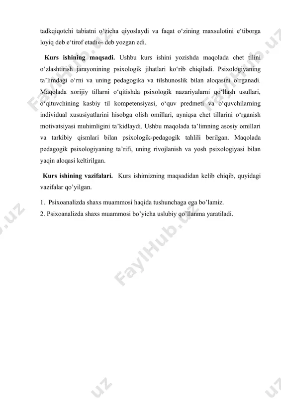 nilgan adabiyotlar i bob. shaxs psixologiyasi predmeti, maqsadi va vazifalari 1.1.shaxs psixologiyasining metodologik prinsiplari shaxs psixologiyasining predmetini tahlil qilishda qator masalalarni hal qilish zarur. zamonaviy psixologiyada shaxsni o‗rganishning eng muhim xususiyatlarini ajratib ko‗rsatilgan: ˗shaxs fenomenologiyasining boyligi inson individual xususiyatlarining xilma xilligini ifodalanishi(ustanovok, qirralari, ehtiyoelar, emotsiyalar, qadriyatlar va boshq.) va bilish sohasini o‗rganish bilan bog‗liq; ˗shaxs fanlararo o‗rganiladigan muammo bo‗lib, ushbu tushunchani keng bilimlar sohasi tavsiflaydi. uning alohida xususiyatlarini faqat psixologiya emas, balki falsafa, tarix, sotsiologiya va boshqa fanlar o‗rganadi; ˗tadqiqot yo‗nalishida shaxs bir xil nizomga ega emas, u ham tadqiqot ob‘ekti, ham tadqiqot sub‘ekti bo‗lishi mumkin. ˗shaxs psixologiyasi predmeti ijtimoiy aloqalar va munosabatlarda namoyon bo‗lishi va shakllanishini shartlovchi, xatti-harakat va harakatlarini belgilab beruvchi, ichki holatlari va psixik jarayonlarini tartibga soluvchi va shartlovchisidir. psixologiya fanida inson zotiga xoslik masalasi individ (lotincha individ ajralmas, alohida zot degan ma‘no anglatadi), shaxs, individuallik (yakkahollik) tushunchalari orqali aks ettiriladi. katta yoshdagi ruhiy sog‗lom (esi-hushi joyida) …