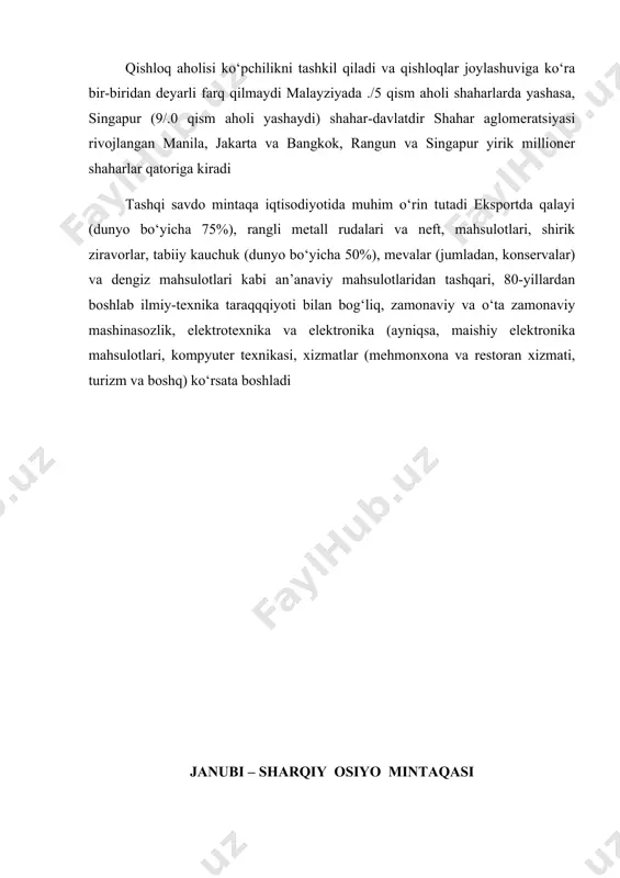 h va hind okeanini ajratib tursa-da, yevrosiyo bilan avstraliyani o‘ziga xos tarzda qo‘shib turadi tabiiy resurs omillari mintaqaning materik qismi va orollartabiiy sharoiti turlicha bo‘lsa-da, xo‘jalik xususiyatidagi umumiy holat dengiz bilan bog‘liqligidir hindi-xitoy yarim oroli relefida meridional yo‘nalishidagi tog‘ tizmalari, tektonik vodiylar, yassi tog‘lar (irava tekisligi, markaziy va annam tog‘lari, menam pasttekisligi, kampuchiya tekisligi va korat platosi) harakterli bo‘lsa, malayya arxipelagining katta qismi tog‘li, dengiz sohil bo‘yi tekisliklaridan iborat bo‘lib, yuqori seysmik rayondir foydali qazilmalarga juda boy rangli metallardan qalayi (5 mln t), xromit, nikel, surma, boksit, qora va ligerlovchi metallarning (temir va marganets rudalari, molibden va kobalt, kumush va boshq) yirik zahiralari mavjud neft zahiralari (. mlrd tonna-kalimantan va sumatra orollari, indoneziya va birmada), tabiiy gaz (.,5 trli m.-malayziya, bruney, indoneziyada), ko‘mir, borit, dala shpati, oltingugurt va qimmatbaho toshlarga boy ekvatorial va subekvatorial iqlim qaror topgan, .500 mm dan 3000, hatto 5000 mm ga qadar yog‘in yog‘adi, tropik bo‘ronlar-tayfunlar …