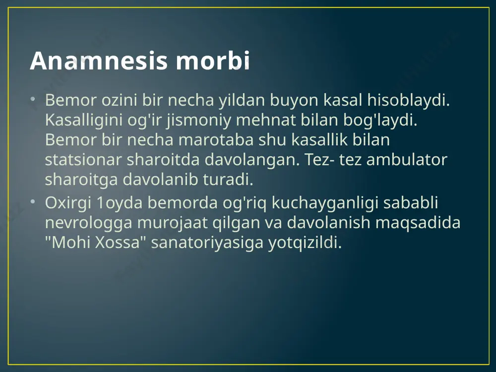 n°15 og'riq qoldiruvchi preparatlar umumiy quvvatlovchi terapiya vitaminoterapiya nevrologik belgilarni davolash mashqlar fizioterapiya massaj retsept 1) rp.: sol. medocalmii 1ml n=10 d.s. kuniga 1mldan, ertalab va kechqurun m/o yuborilsin. 2) rp.: sol. vitaminii b12 1ml n=10 d.s . 2mldan , natriy xlorid 0.9%li 100ml eritmasiga qo'shib, vena ichiga yuborilsin. 3) rp.: sol. reosorbilactii 200ml n=3 d.s. kuniga 1mahal kunning birinchi yarmida vena ichiga sekin jo'natilsin. 4) rp.: sol. diklofenacii 3ml n=5 d.s. kuniga 3mldan 1 mahal, ertalab mushak orasiga yuborilsin, 5 kun davomida.