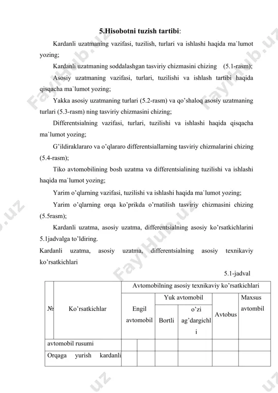 sm. yarim o’qlarning orqa ko’prikda o’rnatilish tasviri. foydalaniladigan adabiyotlar: 1. a.muxitdinov va boshqalar. avtomobillar. konstruktsiyasi asoslari. “istiqilol nuri” nashriyoti. t.:2015yu 332 bet. 2. a.muxitdinov, b.sattivaldiev, sh.xakimov “transport vositalarining tuzilishi” (dsign of vehicles) “ta’lim nashriyoti” toshkent-2014 y 158 b. 3. fayzullayev e.z. transport vositalari tuzilishi va nazariyasi. darslik. 1-qism t.: “yangi asr avlodi”, 2006. -375 b. 4. mamatov.x avtomobillar (avtomobillar konstruktsiyasi asoslari). 1-qism. toshkent, «o’qituvchi», 1995-y. 5. mamatov.x avtomobillar (avtomobillar konstruktsiyasi asoslari). 2-qism. toshkent, «o’qituvchi», 1998-y. image1.jpg image2.jpg image3.jpg image4.jpg image5.jpg