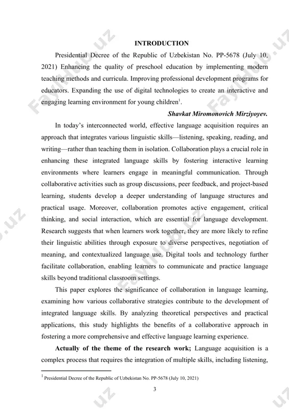 ive and dynamic language learning process. the aim the theme; the aim of this research is to explore the role of collaboration in enhancing integrated language skills, including listening, speaking, reading, and writing. this study seeks to examine how cooperative learning strategies, peer interactions, and group-based activities contribute to improving language proficiency and communicative competence. additionally, it aims to analyze the impact of collaborative methods on vocabulary development, fluency, and overall language acquisition. by investigating both theoretical frameworks and practical applications, this research aims to provide insights into the effectiveness of collaboration in fostering a more engaging and interactive language learning process. the scientific novelty course work; the scientific novelty of this research lies in its exploration of the role of collaboration as a key factor in enhancing integrated language skills. while previous studies have focused on individual aspects of language learning, this research emphasizes the interconnected development of listening, …