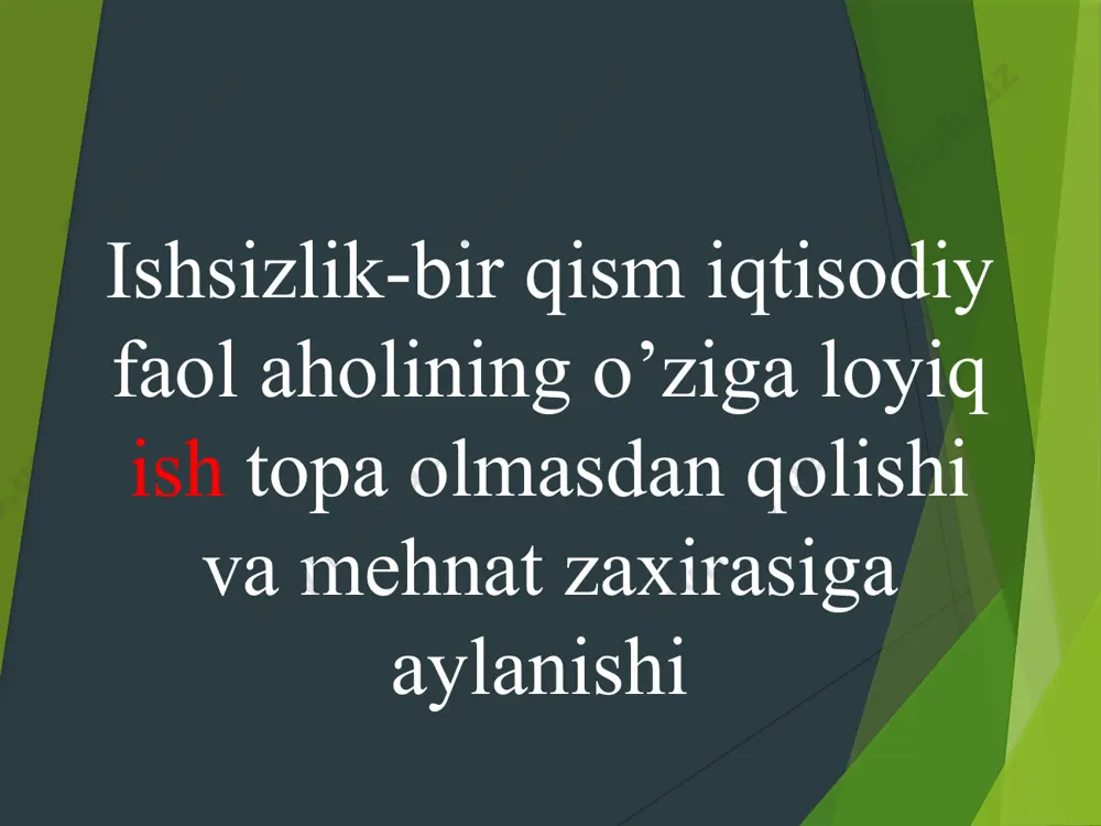 ishsizlik darajasini aniqlash. ishsizlar ular mehnatga layoqatli bo'lib, ishlashni xohlagan, lekin ish bilan ta'minlanmaganlar. determinantlar determinant tushunchasidan dastlab chiziqli tenglamalar sistemasini yechishda foydalanilgan bo’lib, keyinchalik ular matematikaning bir qancha masalalarni yechishga, differensial tenglamalarni yechishga, vektor hisobiga keng tatbiq etildi. matritsaning muhim tavsiflaridan biri determinant hisoblanadi. determinant faqat kvadrat matritsalar uchun kiritiladi. bu sonlardan tuzilgan- a 11 a22 – a12 a21 ifoda (son) ikkinchi tartibli determinant deb ataladi. a11, a12,a21, a22 sonlar determinantning elementlari deb ataladi. mamlakat miqyosida 3-5% darajasidagi ishsizlik iqtisodiyot uchun normal holat (ishsizlikning tabiiy chegarasi) hisoblanadi. . har bir inson hozirgi kunda biror faoliyatni amalga oshirishni o’ylashi yoki o’zi yoqtirgan kasbni kuchli mutaxassisi bo’lish haqida aniq maqsad bilan harakat qilishi lozim. shundagina ishsizlikning oldi olinadi. yurtimizda hozirgi kunda yoshlarga ilm olishi va yangi g’oyalarini amalga oshirishi uchun keng imkon yaratilgan. agar biz imkoniyatlarimizdan qo’limizdan kelgancha foydalanib o’zbekiston ravnaqi yo’lida harakat qilsak , o’ylaymanki kelajakda yurtimizda ishsizlik muammosi bo’lmaydi. …