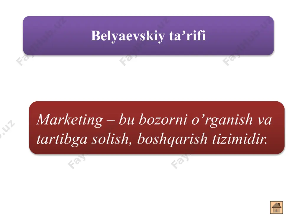 zorda pozitsiyani egallash 21 tovar bozorda muvaffaqiyat qozonishi uchun eng zarur bo‘lgan omillar ishlab chiqarish o`rash, g`ilof (упаковка) sifat xom ashyo mavjudligi ishchi kuchi muammosi bashorat qilish 22 ishlab chiqarish jarayoni uchun eng zarur bo‘lgan elementlar joy joylashtirish tovarni bozordagi taqsimoti omborda saqlash bozor sektori 23 tovarning bozordagi joyi siljitish turi maqsad korxonani tan-lash narx vaqt tovarni siljitishni boshlash vakqi tahlil tovarni joylash-tirish reklama ma'-lumo- ti 24 siljitishning asosiy omillari 25 sotishni rag‘batlantirish (siljitish) reklama tovarni siljitish savdo vositachilari (agentlari)ni rag‘batlantirish jamoatchilik bilan ish olib borish sotishni rag`batlantirish 2-chizma. marketingning asosiy kategoriyalari 26 image1.jpeg image2.png image3.jpeg image4.jpeg image5.jpeg image6.png /docprops/thumbnail.jpeg