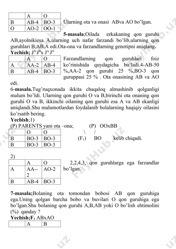 . xulosa qilib aytganda,ota va onaning qon guruhidan ham o’zgacha farzandlarda qon guruhlari uchrab turishi mumkin ekan. yani kodominantlik-geterozigota holatda har ikkala gen bir-biridan mustaqil ravishda o’z tasirini yuzaga chiqaradi.bunga misol qilib,iv-guruh (ab)ini keltirsak bo’ladi.