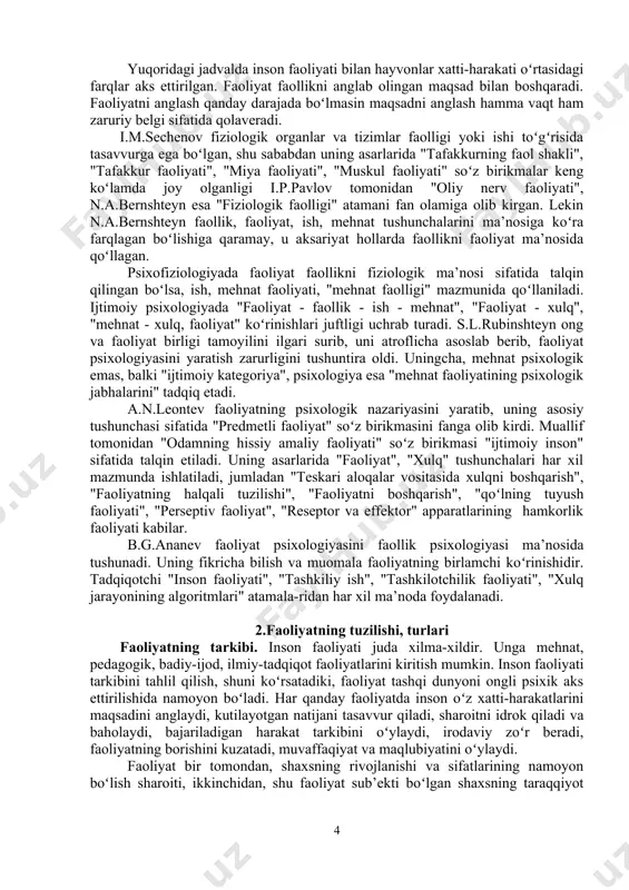 topgan, har bir harakat inson uchun hamkorlikdagi faoliyatidagi o’rniga ko’ra ahamiyatlidir ko’rgazmali - yaqqol vaziyatlar bilan boshqariladi. predmet va hodisalarni mavhumlashtirish, ular o’rtasidagi sababiy boqlanish va munosabatlarni aniqlash mumkin. irsiy jihatdan mustahkamlangan dastur (instinkt)lar asosidagi xatti- harakatlar, ko’nikmalar yakka tartibda hosil bo’lib hayvonning yashash uchun tashqi sharoitlarga moslashishi sifatida namoyon bo’ladi. tajribani berish va o’zlashtirish muloqotning ijtimoiy vositalari (til va boshqa belgilar tizimi) yoki moddiy madaniyat mahsulotlari orqali amalga oshiriladi. yordamchi qurollar, vositalar yasashi mumkin, ammo undan qurol sifatida doimo foydalanmaydi. bir qurol yordamida boshqa qurol yasay olmaydi. mehnat qurollari yasab, uni keyingi avlodlariga ham qoldirishi mumkin. turli predmet va qurollardan foydalanib, yangi qurol va vositalar yarata oladi. tashqi muhitga moslashadi o’z ehtiyojlariga muvofiq tarzda tashqi dunyoni o’zgartiradi. odamni ishlashga majbur qiluvchi motiv uning ovqatlanish ehiyoji bo lishiʻ mumkin. biroq odam, masalan, dastgohni ochlik ehtiyojini qondirish uchun boshqarmaydi. inson faoliyatining mazmuni jamiyat talab qiladigan biron mahsulotni tayyorlash maqsadi bilan belgilanadi. …