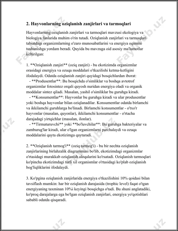 ud. masalan, lishayniklar - zamburug‘lar va suv o‘tlari yoki cyanobakteriyalar o‘rtasida mutualistik munosabatlar mavjud bo‘ladi. **kommensalizm** - bu turdagi munosabatlar bir tomon uchun foydali va ikkinchi tomon uchun neytral bo‘ladi. yani, bir organizm ikkinchi organizm hisobiga foyda ko‘radi, biroq ikkinchi organizm bundan na foyda va na zarar ko‘radi. misol uchun, qushlar daraxt shoxlarida uya qurish orqali daraxtdan himoya va yashash joyi sifatida foydalanadi. bu holatda daraxt uchun hech qanday zarar yoki foyda yo‘q. tabiatda kommensalizm holatlari ko‘p uchraydi. dengizda yashovchi baliq turlari yirik dengiz hayvonlariga ilashib yurib, ulardan himoya vositasi sifatida foydalanadi, lekin yirik hayvonlarga hech qanday zarar yetkazmaydi. **parazitizm** - bu turdagi munosabatlar esa bir taraf uchun foydali, ikkinchi taraf uchun esa zararli bo‘ladi. parazitlar turli xildagi organizmlarga hujum qilib, ularning hisobiga yashaydi va rivojlanadi. bu mahsulotlovchi (host) organizmni zaiflashtirishi yoki to‘liq yo‘q qilishi mumkin. yaqqol misol sifatida, chivinlar odamlar va hayvonlar qonini so‘rib, o‘zlariga oziq modda oladi, lekin …