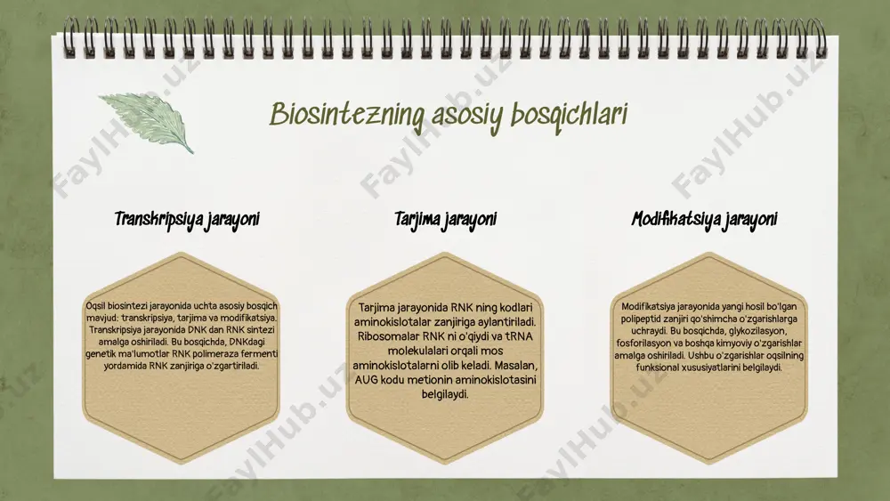 larni oqsil sintezi uchun kerakli aminokislotalar ketma-ketligini hosil qilishda ishtirok etadi. genetik mutatsiyalar oqsil biosinteziga ta'sir ko'rsatishi mumkin, bu esa organizmning funktsiyalarini o'zgartirib, yangi xususiyatlar paydo bo'lishiga olib kelishi mumkin. genetik nazoratning roli mutatsiyalar va oqibatlar photo by markus spiske on unsplash photo by adele payman on unsplash xulosa oqsil biosintezi jarayoni va uning ahamiyati. zarur moddalar, energiya manbalari va genetik nazorat roli. oqsil biosintezi jarayoni, asosiy bosqichlari, energiya roli va biologik ahamiyati haqida qisqa ma'lumotlar taqdim etildi. zarur moddalar va genetik nazorat jarayondagi o'zgarishlar muhokama qilindi. e'tiboringiz uchun rahmat! image11.png image12.png image13.png image14.png image15.png image3.png image4.png image5.png image6.png image7.png image8.png image9.png image10.png image16.png image17.png image18.png image19.png image20.png image23.png image24.png image25.png image26.png image21.png image22.png image27.png image28.png image53.jpg image54.jpg image29.png image30.png image31.png image32.png image55.jpg image56.jpg image52.png image1.png image2.png