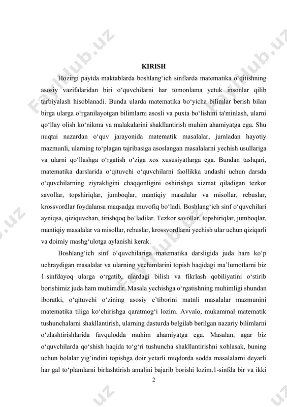 shiriqlar, jumboqlar, mantiqiy masalalar va misollar, rebuslar, krossvordlar foydalansa maqsadga muvofiq bo‘ladi. boshlang‘ich sinf o‘quvchilari ayniqsa, qiziquvchan, tirishqoq bo‘ladilar. tezkor savollar, topshiriqlar, jumboqlar, mantiqiy masalalar va misollar, rebuslar, krossvordlarni yechish ular uchun qiziqarli va doimiy mashg‘ulotga aylanishi kerak. boshlang‘ich sinf o‘quvchilariga matematika darsligida juda ham ko‘p uchraydigan masalalar va ularning yechimlarini topish haqidagi ma’lumotlarni biz 1-sinfdayoq ularga o‘rgatib, ulardagi bilish va fikrlash qobiliyatini o‘stirib borishimiz juda ham muhimdir. masala yechishga o‘rgatishning muhimligi shundan iboratki, o‘qituvchi o‘zining asosiy e’tiborini matnli masalalar mazmunini matematika tiliga ko‘chirishga qaratmog‘i lozim. avvalo, mukammal matematik tushunchalarni shakllantirish, ularning dasturda belgilab berilgan nazariy bilimlarni o‘zlashtirishlarida favqulodda muhim ahamiyatga ega. masalan, agar biz o‘quvchilarda qo‘shish haqida to‘g‘ri tushuncha shakllantirishni xohlasak, buning uchun bolalar yig‘indini topishga doir yetarli miqdorda sodda masalalarni deyarli har gal to‘plamlarni birlashtirish amalini bajarib borishi lozim.1-sinfda bir va ikki amalli masalalar o‘rgatiladi. masalalar yechishdagi hisoblash ishlari sonli masalalarni yechish malakalarini shakllantirish mashq qilishga nisbatan kamroq …