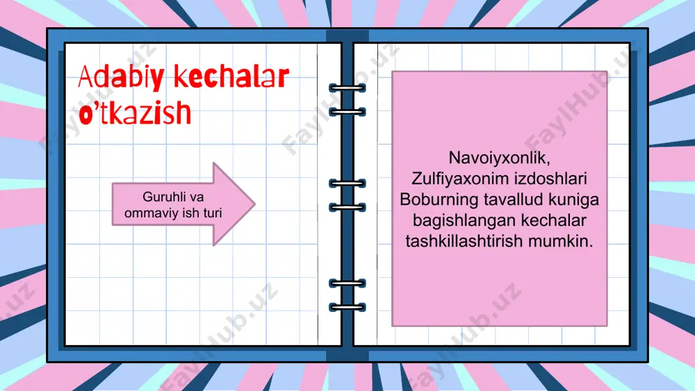 rishga imkoniyat yaratadi . sinfdan tashqari ishlarning o’ziga xosligi shundaki , to’garak , klub dasturlarining rang- barangligi , ular mazmunidagi yangiliklar o’smir yigit-qizlarning shaxs sifatida shakllanishlari uchun yangi imkoniyatlar yaratadi . sinfdan tashqari ishlar maktab ta’lim-tarbiya jarayonining tarkibiy qismi o’quvchilarning bo’sh vaqtlarini yo’lga qo’yish formalaridan biridir . 01 03 02 04 « sinfdan va maktabdan tashqari tarbiyaviy ishlar » konsepsiyasi xalq talimi vazirligi tomonidan 1993 yilda tasdiqlangan . b o shlangich sinflarda sinfdan tashqari ishlarning shakllari : individual guruhli ommaviy adabiy kechalar o’tkazish ; ekskursiya ; turli bayramlar va tadbirlar o’tkazish ; to’garaklar tashkil etish ; shoir va yozuvchilar bilan uchrashuvlar tashkil etish ; fan olimpiadalari ; ko’rik tanlovlar ; adabiy kechalar o’tkazish guruhli va ommaviy ish turi navoiyxonlik , zulfiyaxonim izdoshlari boburning tavallud kuniga bagishlangan kechalar tashkillashtirish mumkin . ekskursiya guruhli va ommaviy ish turi muzeylarga ekskursiyaga borish ; metro bekatlari bo’ylab sayohat ; davlat kutubxonalariga tashrif ; teatrga …