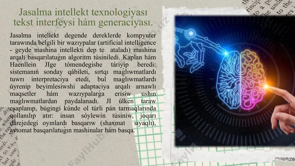 rǵa aylanıp úlgerdi. chatbotlardıń islew texnologiyası soraw-juwap hám dialog sistemasına tiykarlanǵan.soraw-juwap sisteması (sjs) boyınsha dúnya boyınsha kóp izertlewler alıp barılǵan. dáslepki eliza atlı sjs 1964-jılı jozef weizenbaum tárepinen jaratılǵan dereklerde sjs ulıwma islew texnologiyası eki túrli usıl menen ámelge asırıladı: 1)informaciya izlewge tiykarlanǵan sjs; 2)bilimge tiykarlanǵan sjs. soraw-juwap sisteması tómendegi basqıshlardan ibarat: 1.betlerdi júklep alıw; 2.betlerdegi linklerdi anıqlaw hám olardı júklep alıw; 3.betlerdegi gilt sózlerdi anıqlaw; 4.hárbir gilt sózdiń indeks nomerin qoyıw; 5.hárbir sóz hám betti indekslew. ilimpazdıń pikirinshe, bunday informaciya izlewge tiykarlanǵan texnologiya hind-evropa tillerine salıstırǵanda túrkiy tillerde biraz quramalı esaplanadı. túrkiy tillerde túbir sózlerge bir neshe affiks hám prefiksler qosılıwı nátiyjesinde bir neshe sóz formaları payda boladı. sonlıqtan izlenip atırǵan sózlerdiń tiykarǵı túbir bólegi anıqlanıwı kerek boladı. sol sebepli bul sistema ushın morfologiyalıq analiz júdá zárúr esaplanadı. sóylew sintezatorı redaktorlawshı programma (spell-checker) texnologiyası. insannıń artikulyaciyalıq apparatı til seslerin payda etedi. sóylew apparatı arqalı biz pikirimizdi jetkeriwimiz ushın zárúr …