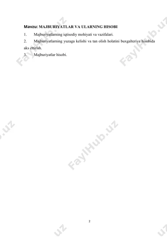 hlari zarur. bu sharoitda buxgalteriya hisobining ahamiyati katta bo‘lib, undan yanada unumli foydalanish zaruriyati ortib boradi. majburiyatlar har qanday xo‘jalik yurituvchi subyektning uchinchi shaxslarga bo‘lgan qarz yoki bajarilishi lozim bo‘lgan majburiyatlaridir. ular tashkilotning moliyaviy barqarorligi va hisob siyosatini shakllantirishda muhim o‘rin tutadi. buxgalteriya hisobida majburiyatlar uzoq muddatli va qisqa muddatli turlarga ajratilib, ularning har biri muayyan hisobvaraqlarda aks ettiriladi. majburiyatlarning buxgalteriya hisobida to‘g‘ri yuritilishi moliyaviy hisobotning haqqoniyligini ta’minlash, soliq yuklamalarini aniq hisoblash va investorlar hamda kreditorlar oldida shaffoflikni ta’minlash uchun zarur. xususan, qisqa muddatli majburiyatlar tarkibiga yetkazib beruvchilar oldidagi qarzlar, ish haqi bo‘yicha to‘lovlar, soliq va boshqa majburiy to‘lovlar kiradi. uzoq muddatli majburiyatlar esa kreditlar, obligatsiyalar va uzoq muddatga kechiktirilgan soliqlardan iborat bo‘lishi mumkin. buxgalteriya hisobining xalqaro va milliy standartlariga muvofiq, majburiyatlar hisobvaraqlarda aks ettirilishida aniq tamoyillar qo‘llaniladi. xususan, ular “moliyaviy hisobotning xalqaro standartlari” (mhxs) va “buxgalteriya hisobining milliy standartlari” (bhms) asosida yuritiladi. hisob siyosatini to‘g‘ri shakllantirish va majburiyatlarni to‘g‘ri …