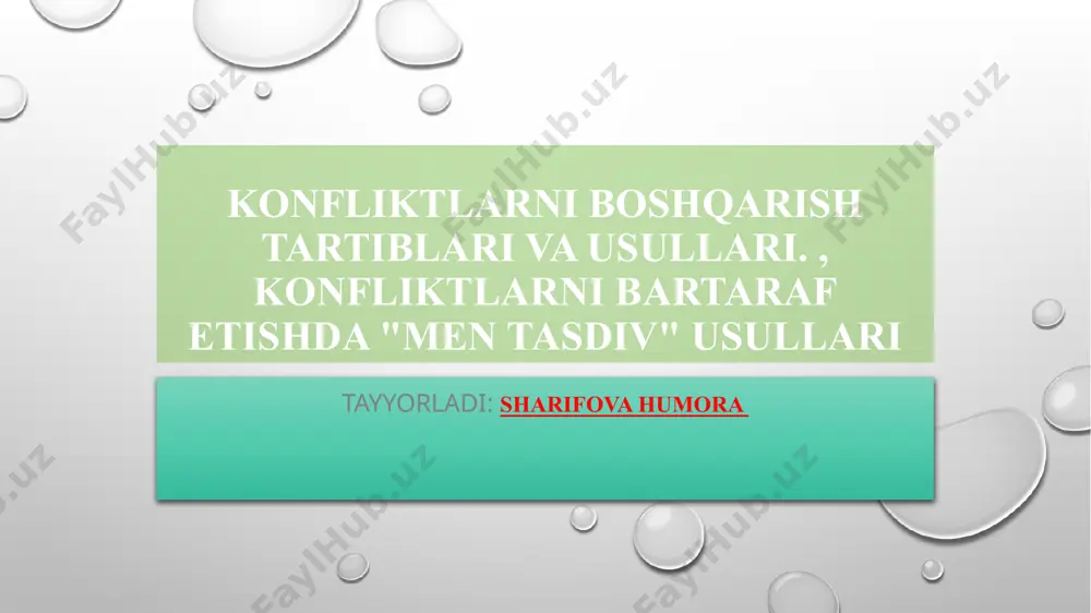 chasi aqli raso, bosiq, hayot tajribasi bor odam usullari emasligi ayon. bu usullarning qo‘llanilishi konfliktni chuqurlashtiradi, tomonlar orasidagi tang ahvolni yanada qiyinlashtiradi, konflikt yechimidan hammani boshqa, ya’ni ziddiyatni chuqurlashtirishga yo‘naltirilgan tomonga olib ketadi. shu bois, konflikt bilan ilk to‘qnash kelgan vaqtda kuyidagi qadamlardan foydalanish darkor: birinchi qadam: konflikt vaziyatni u qanday bo‘lsa o‘shanday, o‘z emotsiyalaringizdan holi bo‘lgan tarzda qabul qiling. konflikt vaziyat sizga yoqmasligi, sizga qarshi holatni vujudga keltirishi, umuman rejalashtirilmagan holda kelib chiqqan ham bo‘lishi mumkin. ammo aynan siz uning “nima” ekanligi, ya’ni konflikt haqiqatini to‘la va aniq anglagan paytingizdan boshlabgina, siz uni boshqara olish qobiliyatiga ega bo‘lasiz. konflikt bilan ilk to‘qnashgan paytda konflikt bir taraf, siz esa bir taraf bo‘lasiz. konfliktni anglashning eng birinchi qadami unga obyektiv, xolis, emotsiyalarsiz baho berishdir. konfliktga nisbatan o‘z emotsiyalari va fikrlaridagi neytralitetni saqlab qolish, konfliktni anglashga qaratilgan yo‘lning boshi hisoblanadi. mana shunday neytral sharoit esa sizga konflikt ishtirokchisi sifatida aniq, faktlarga asoslangan, …
