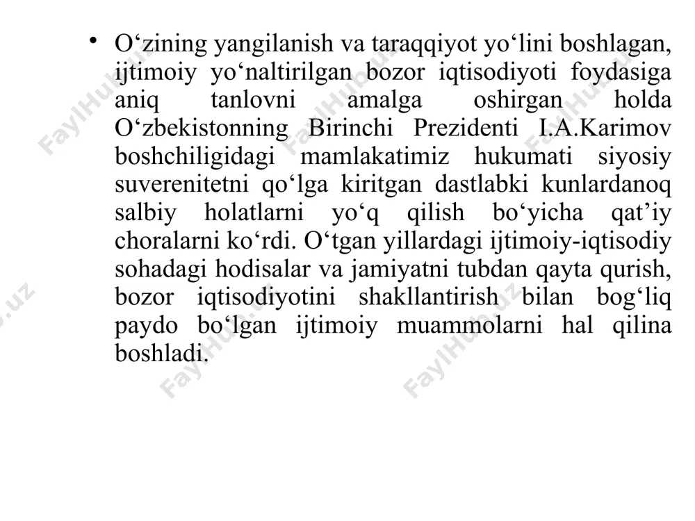 yotgan islohotlarni yanada chuqurlashtirish va fuqarolik jamiyatini qurish - porloq kelajakning asosiy omili", deb ta’kidladi. "sog‘lom bola yili" davlat dasturini ishlab chiqishda, birinchi navbatda, onalik va bolalikni muhofaza qilish, oilada sog‘lom turmush tarzini ta’minlash, uning iqtisodiy va ma’naviy asoslarini mustahkamlash nazarda tutildi. 2015 yil “keksalarni e’zozlash va qadrlash yili” deb e’lon qilindi dasturni amalga oshirishda: 5 1 2 3 4 birinchi navbatda, "nuroniy" va "mahalla" jamg‘armalari jalb qilindi, shu sababli keksa avlod hayotining biron bir sohasi ham tegishli e’tibor va g‘amxo‘rlikdan chetda qolmadi. 2013 yilda ushbu maqsadlar uchun "nuroniy" jamg‘armasi 610 million so‘m, 2014 yilning 9 oyida esa 553 million so‘mdan ortiq mablag‘ ajratdi. birgina 2014 yilning o‘zida 215 mingdan ziyod keksalar bepul tibbiy ko‘rikdan o‘tkazildi. muhtoj nogironlar 11 mingdan ortiq sifatli protez-ortopediya mahsulotlari va reabilitatsiya texnik vositalarini bepul olish imkoniyatiga ega bo‘ldilar. bundan tashqari, 2014 yil 1 sentyabrdan boshlab, parvarishlanishga muhtoj bo‘lgan yolg‘iz qariyalar va nogironlarni oylik bepul ta’minlash …