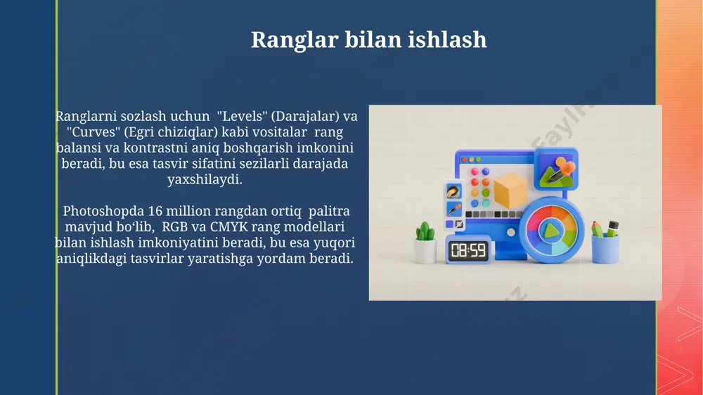 ri sifatli natijalarga erishish imkonini beradi. photoshop yordamida 300 dpi va undan yuqori pikselli rasmlarni professional darajada tahrirlash, ranglarni to'g'rilash, retuş qilish va turli effektlar qo'shish mumkin. tanlash vositalari "tanlashni qayta koʻrish" (refine edge) funksiyasi tanlangan obyektning chegaralarini yanada aniqroq va professional koʻrinishga keltirish imkonini berib, piksel darajasida 0.5 dan 10 pikselgacha aniqlik bilan sozlash imkoniyatini taqdim etadi. magnit lasso (magnit lasso tool) kabi baʼzi vositalar avtomatik ravishda aniq chegaralarni aniqlashga yordam beradi, bu esa murakkab obyektlarni tezda va aniq tanlash imkonini beradi. ushbu jarayonni tezlashtirish uchun 5 dan ortiq parametrlar mavjud. rasmni tozalash va tiklash photoshop yordamida 10 megapikseldan yuqori rasm sifatini tiklashda, "content-aware fill" vositasi kabi texnologiyalar yordamida yo'qolgan detallarni 70% gacha aniqlik bilan to'ldirish mumkin. rasmni tozalashda, "healing brush tool" va "clone stamp tool" vositalaridan foydalanib, nuqsonlarni 10-20% kattalikdagi hududlardan namunalar olib, samarali bartaraf etish mumkin. vektor grafikalar vektor grafikalarni yaratishda adobe illustrator, coreldraw kabi dasturlar ishlatiladi …