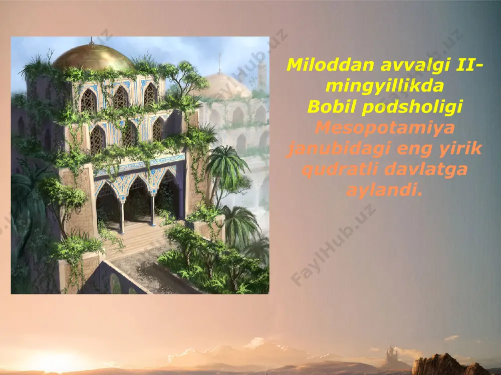 bil shahrini “xudolar darvozasi” deb atashgan? 3. qaysi hukmdor davrida va qachon bobil yagona davlatga aylandi? 4. xammurapi qonunlari qaysi maqsadda yaratilgan edi. bu qonunlar kimlarga mo‘ljallangan edi? 5. sizningcha nima sababdan hammurapi qonunlari bu qadar qa’tiy bo’lgan? 6. navuxodonosor ii hukmronligi davrida yangi bobil podsholigida qanday o’zgarishlar ro’y berdi? 7. bobil madaniyati haqida nimalarni bilasiz? image3.jpeg image4.jpeg image5.jpeg image6.emf image7.jpeg image8.jpeg image9.jpeg image10.jpeg image11.jpeg image12.jpeg image13.jpeg image14.png image15.jpeg image16.jpeg image17.jpeg image2.jpg /docprops/thumbnail.jpeg