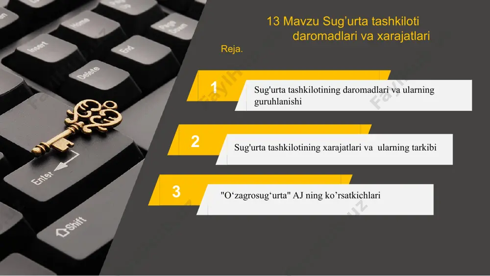 i. sug'urta tashkilotining boshqa daromadlari. -40 01 02 03 04 05 depo mukofotlar hisobiga o'tkazilgan foiz summalari; regress tartibida ohngan summalar; asosiy fondlar, moddiy boyliklar, aktivlarni sotishdan olingan foyda; ijarachilik faoliyatidan olingan daromadlar; o'qitish, maslahat ishlarini olib borish bo'yicha undirilgan to'lovlar; sug‘urta hodisasining yillar bo‘yicha yuz berishi ehtimolligi turlichadir. zaxira fondining mablag‘i yetishmasligi holatida sug’urta tashkilotida qolgan daromad hisobidan uning har yilgi zaxira fondiga ajratma me’yorini qayta ko‘rib chiqish zarur. statistik ma’lumotlarga asoslanib, qayd etish kerakki, sug‘urtaning ko‘p turlari bo‘yicha amalga oshirilgan sug‘urta qoplamasi undirilgan mukofotlari summasiga nisbatan past foizlami tashkil etadi. sug'urtani amalga oshirish xarajatlari. — shartnomalarni tuzish va bajarish xarajatlari; — investitsiya faoliyati bo'yicha xarajatlar; boshqaruv xarajatlari. sug'urta ishini yuritish xarajatlari sarflanishiga ko'ra quyi­dagicha bo‘lishi mumkin: ish haqi to'lovlari; davlat fondlariga ajratmalar, xodimlarni tayyorlash xara­jatlari, reklama hamda marketing xarajatlari, xo'jalik xarajatlari va boshqalar. "o‘zagrosug‘urta" aj "o‘zagrosug‘urta" aj 2019 yil 1-chorak yakunlari bo‘yicha sug‘urta shartnomalari tuzish jihatidan respublika sug‘urta …