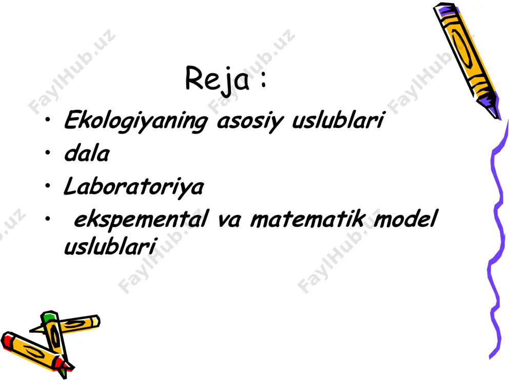 olimlarning ishlarida o’z aksini topgan. ekologik tadqiqotlar davomida olinadigan turli ma’lumotlarning to’g’riligini matematik statistika uslublari bilan har xil variantda olingan materiallar bir- birlariga solishtirib, ular o’rtasidagi farqlar chiqariladi. masalan: senozlar ichidagi turlarning umumiyligini chiqarishda sorensen formulasi yoki jakar formulalari qo’llaniladi. bu yerda: kr- mahsuldorlikning biogidrotermik imkoniyati, ballar; w- foydali namlik; t- vegetatsiya davri, dekadalar soni; r- vegetatsiya davridagi radiatsion balans; kdj/sm2; 36-yil davimidagi dekadalar. ballardan absolyut quruq biomassaning hosilga o’tishi quyidagi formula asosida bo’ladi : ub = ekologiyaning turli yo’nalishlaridan biri: tabiat sirlari, ularning har xilligini bilish hislati faqat insonlargagina xos va bu holat tabiiy voqelikni bilish bilan bir qatorda etik, estetik, adabiy fikrlash qonuniyatlarining takomillashi bilan ham bog’liqdir; 2. yig’ilgan ilmiy dalillar asosida atrof-muhit holatini tushuntirib berish ekologiyaning ikkinch yo’nalishi hisoblanadi. ekologiyaning bu ikki yo’nalishi va ularning uslublari tabiiy birliklar qonunlarini o’rganishda aniqlanadigan prinsiplar, tabiiy holati buzulgan senozlar, biotsenozlarning holatini belgilashda ham qo’llaniladi.yerdan foydalanishda tuproqning fizikaviy va kimyoviy qonunlari, …