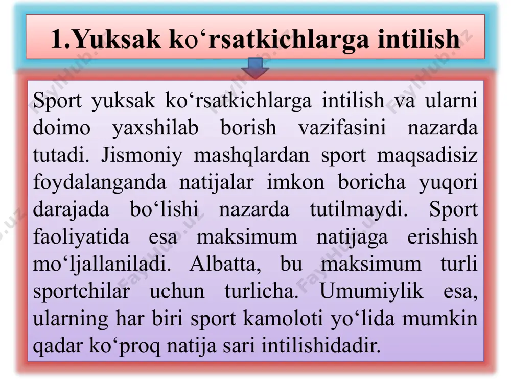 va hokazolar mavjud bo‘lishini talab etadi. sport mashg‘ulotining yuqorida aytib o‘tilgan qonuniyatlari sportdagi ko‘p yillik kamolot bosqichlariga bog‘liq tarzda turlicha namoyon bo‘ladi. dastlabki bosqichlarda sport bilan shug‘ullanish asosan umumiy tayyorgarlik tipida o‘tkaziladi, bunda mashg‘ulot jarayoni sport ixtisoslashtirilishining yorqin ifoda etilgan belgilariga ega bo‘lmaydi, oliy ko‘rsatkichlarga intilish uzoq kelajak xarakteriga ega bo‘ladi. organizmning yosh jihatdan shakllanib borishi va mashg‘ulot darajasining yuksala borishiga qarab, bunday intilish to kishi faoliyatini cheklab qo‘yadigan yosh ulg‘ayishiga bog‘liq va boshqa omillar sodir bo‘lmaguncha to‘liq ravishda amalga oshirilib boradi. yuqorida aytilganlardan ko‘rish mumkinki, ortib borishning umumiy prinsipi sport musobaqasi sohasida alohida mazmun kasb etar ekan. uni sportning ma’lum turida imkoniyat boricha maksimal darajada kamol topishni ta’minlash talabi sifatida tushunish kerak. bu esa chuqur ixtisoslashtirish zaruriyatni anglatadi. sportda ixtisoslashish sport faoliyati jarayonida vaqt va kuch-g‘ayrat sarflashning shunday taqsimlanishi bilan xarakterlanadiki, bu sportning tanlangan mazkur turini takomillashtirish uchun g‘oyat qulay bo‘lgani holda sportning boshqa turlari uchun bunday bo‘lmaydi. shu …