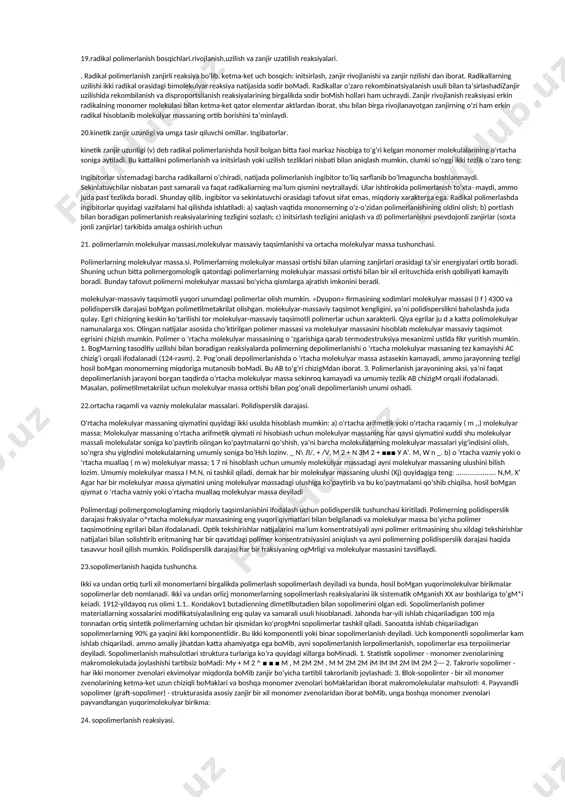 quyidagilardan iborat: 1. polimer birikmalar makromolekulyar majmuasidan iborat bo’lib, ular tuzilishi va zvenolar tarkibi bilan bir-biridan farq qiladi. 2. makromolekulalarning asosiy zanjirini tashkil etgan atomlar makromolekulalarning konformasion o’zgarishlariga olib keluvchi kovalent bog’lar atrofida to’xtovsiz tebranma harakat qiladi. 3. polimerning xossalari uning molekulyar massasi, makromolekulalarning tuzilishi, ularning bukiluvchanligi, kimyoviy tarkibi hamda makromolekulyar ta’sir tabiatiga bog’liq 4. polimer eritmalari termodinamik barqaror sistemaalr bo’lib, quyi molekulyar birikmalarning chin eritmalaridan farq qilmaydi, ammo asosilanish va solvatlanish kuchlari shunchalik yuqoriki, ular juda suyultirilgan eritmalarga ham ta’luqlidir. organik gomozanjirli polimerlar, odatda karbozanjirli polimerlar deyiladi. ularda asosiy zanjir uglerod atomlaridan iborat. karbozanjirli polimerlarning nomi dastlabki monomer nomining oldiga poli – qo’shimchasini qo’shish bilan tuziladi, masalan, etilendan olingan polimer polietilen, propilendan olingani polipropilen, akril kislotadan olingani esa poliakril kislota deb ataladi. barcha karbozanjirli polimerlar organik kimyodagi sinflanishga binoan organik birikmalarning yuqori molekulyar vakillari hamda shu birikmalarning hosilalari deb hisoblanadi va quyidagi sinflarga bo’linadi. 6.tabiiy sun’iy va sintetik polimerlar.organik …