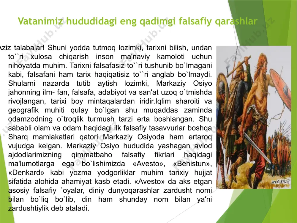 hi ming yillikning oxiri va uchinchi ming yillik boshlarida qadimgi misr va bobil hududida dastlabki afsonaviy diniy va falsafiy fikrlar, olam haqidagi fanlar kurtaklari, ya'ni matеmatika, astronomiya, kosmologiya, mifologiyaga oid qarashlar bir muncha rivoj topgan. fan kurtaklarining paydo bo`lishi, tabiiy- ilmiy, diniy va falsafiy fikrlarning yuzaga kеlishi, ikki yo`nalishda borgan. qadimgi misrda falsafiy fikr kurtaklarining shakllanishi va rivojida tabiatshunoslik fanlarning paydo bo`lishi ham sabab bo`lgan. osmondagi yulduzlarni doim kuzatish natijasida sayyorlarni yulduzlardan ajrata bilganlar va yulduzlar xaritasini ham tuzganlar. misrliklar falakiyotga oid bilimlari asosida alohida taqvim tuzganlar. taqvim yili 12 oyga bo`lingan. har bir oy 30 kundan iborat bo`lgan, yil oxiriga esa yana 5 ta bayram kuni qo`shilgan. shunday qilib bir yil 365 kun bo`lgan. 8 hind falsafasi asoslari «upanishadalar» nomi bilan mashhur bo`lgan manbaalarda ham o`z aksini topgan. «upanishadalar» sirli bilim dеgan ma'noni anglatib, «vеda»larning falsafiy qismini tashkil etadi. «upanishadalar» yaxlit kitob yoki falsafiy risola bo`lmay, balki turli vaqtda …
