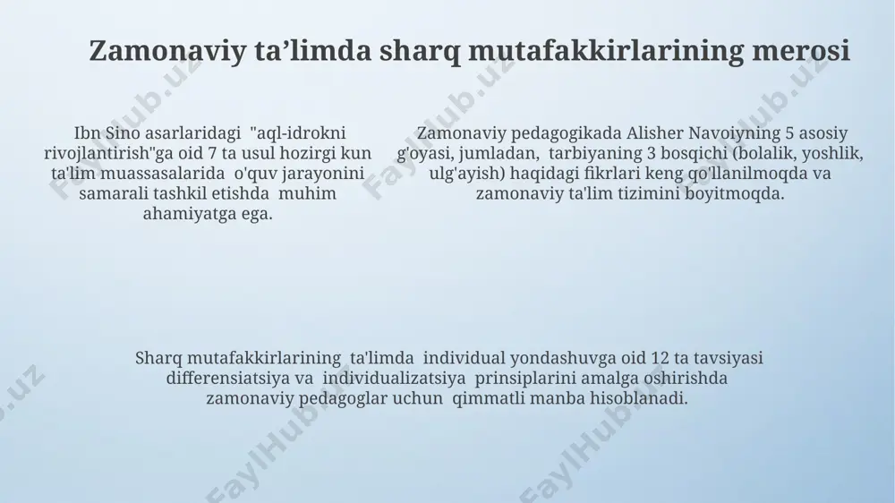 i va intellektual rivojlanish darajasini hisobga olish, individual yondashuvning muhimligi ta'kidlangan. masalan, 7 yoshdan 14 yoshgacha bo'lgan bolalar uchun maxsus o'quv dasturlarini taklif qilgan. ibn sino o'zining "tib qonunlari" asarida 5 ta asosiy hissiy idrokni – ko'rish, eshitish, hid bilish, ta'm bilish va sezishni ta'limda qo'llashning ahamiyatini ta'kidlagan. sharq mutafakkirlarining axloqiy tarbiya haqidagi qarashlari farg'oniyning astronomiyaga oid ishlaridagi 100 dan ortiq kuzatuvlar bilan birga, o'z ilmiy yutuqlarini insonlarning manfaati uchun xizmat qilishiga asoslangan amaliy tarbiyaga urg'u berilgan. al-gazaliyning "ihyo ul-ulum" asarida 4 ta asosiy tarbiyaviy yo'nalish – ilm, axloq, ibodat va tafakkur – insonning kamol topishida muhim rolni o'ynashi ta'kidlanadi. al-gazaliyning "ihyo ul-ulum" asarida 4 ta asosiy tarbiyaviy yo'nalish – ilm, axloq, ibodat va tafakkur – insonning kamol topishida muhim rolni o'ynashi ta'kidlanadi. g‘azalining ta’limga oid fikrlari navoiy ta’limda adabiyot, she’riyat, mantiq va falsafa fanlariga alohida e’tibor qaratgan holda, ularni yoshga mos ravishda o‘qitishni taklif qilgan. uning fikricha, kamida 5 …