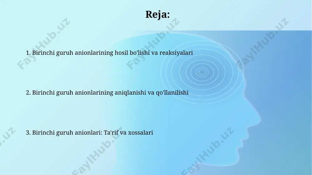 igi va shu jarayonda vodorod peroksid (h₂o₂) hosil qilinishi ularning kimyoviy xususiyatlarining muhim jihatlaridan biridir. tellurid anion (te²⁻) tellurid birikmalari, masalan, metall telluridlari, yarimoʻtkazgichlar va infraqizil nurlanishni yutadigan materiallar sifatida qoʻllaniladi, ularning xossalari te²⁻ anionining xususiyatlariga bogʻliq. tellur atomi 52 atom massasiga ega boʻlib, tellurid-anion (te²⁻)ning ion radiusi selenid va sulfid anionlariga qaraganda ancha katta. borid anion (b³⁻) borid anionining (b³⁻) elektron konfiguratsiyasi 2s²2p⁶ bo'lib, bu inert gaz neonning konfiguratsiyasiga mos keladi. shuning uchun, u nisbatan barqaror, lekin juda kuchli nukleofil hisoblanadi. borid anion (b³⁻) juda kuchli asos bo'lib, protonlarni o'ziga biriktirishga moyil va shu sababli suvda gidrolizlanib, bor kislotasini hosil qiladi. uning yuqori manfiy zaryadi tufayli, o'ta reaktiv hisoblanadi. selenid anion (se²⁻) selenid anionining ion radiusi taxminan 184 pm ga teng boʻlib, bu uning kislorod (o²⁻) yoki oltingugurt (s²⁻) anionlariga qaraganda ancha katta ekanligini koʻrsatadi. bu esa uning kimyoviy xossalariga taʼsir qiladi. selenid anion (se²⁻) elektronlarning kuchli donori hisoblanadi …