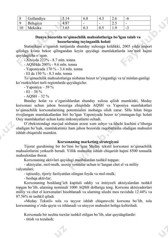 onasi to’qimachilik mahsulotlarini yetkazib beradi. yillik mahsulot ishlab chiqarish hajmi 8500 tonnalik mahsulotdan iborat. korxonaning aktivlari quyidagi manbalardan tashkil topgan: - aktsiyalar, mol-mulk, asosiy vositalar uchun to’langan chet el va milliy valyutalari; · iqtisodiy, tijoriy faoliyatdan olingan foyda va mol-mulk; · boshqa aktivlar; korxonaning boshlang’ich kapitali oddiy va imtiyozli aktsiyalardan tashkil topgan bo’lib, ularning nominali 1000 aqsh dollariga teng. korxona aktsiyadorlari milliy va chet el korxonalari hisoblanadi va ularning ulushi mos ravishda 12.44% va 87.56% ni tashkil qiladi. «meday tekstil» tola va tayyor ishlab chiqaruvchi korxona bo’lib, tola korxonaning o’zida qayta va ishlanadi va utayyor mahsulot holiga keltiriladi. korxonada bir nechta tsexlar tashkil etilgan bo’lib, ular quyidagilardir: - titish va tozalash; - tayyorlov; - rotor; - o’rash; - bo’yash; - laboratoriya va boshqalar. korxonaning asosiy xomashyosi paxta hisoblanadi, korxona uni yaqin atrofdagi xo’jaliklardan oladi. korxonada bir yilda umumiy xomashyoga bo’lgan talab quyidagicha: - tola n 51 1503 tonna. - tola …
