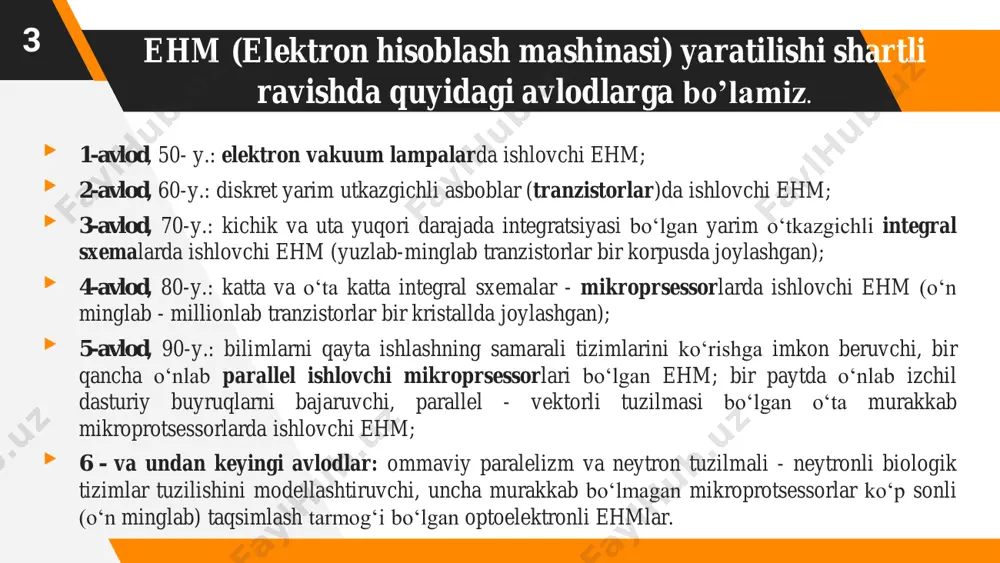 tware) 9 👉 dasturiy ta`minot (software) turlari 10 sistema amaliy uskunaviy operatsion tizimlar matn, jadval, baza, grafik, nashriyot, loyihalash tizimlari yordamchi dasturlar, antiviruslar, arxivatorlar, utilitlar va hokazo. windows, machintosh ms dos, unix linux, ios, os/2 mac os, doppix, android, word, excel, power point, access, oracle, pagemaker, photoshop, corel draw, auto cad, mathcad, matlab, ms project, publishing sistemaga yordamchi drayver dasturlar, antivirus kasperskiy, dr web, avast, nod32, winrar, zip, brauzerlar operatsion tizimlar. 11 operatsion tizim - kompyuter resurslarini, maʼlumotlarni muvofiqlashtiradigan va boshqaradigan dasturiy taʼminotning asosiy qismi yoki dasturlarning bajarilishini boshqaradigan va tizimning resurslarini taqsimlash, rejalashtirish, kirish chiqishni va maʼlumotlarni boshqarish kabi vazifalarni taʼminlaydigan dasturiy vosita. operatsion tizim klassifikatsiyasi ✓ bir vaqtda foydalanuvchilar soni boʼyicha: bir foydalanuvchi, koʼp foydalanuvchi; ✓ bir vaqtda tizim boshqaruvi ostida bajariladigan jarayonlar boʼyicha: bir vazifali, koʼp vazifali; ✓ protsessorlarni qoʼllash soni boʼyicha: bir protsessorli, koʼpprotsessorli; ✓ ot razryadliligi boʼyicha: 8-razryadli, 16-razryadli, 32- razryadli, 64-razryadli; ✓ interfeysa tipi …