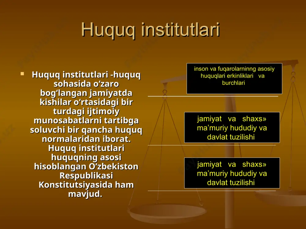 an har bir davlatning ichki huquq tuzilishi bo‘lib, kishilar o‘rtasidagi turli ijtimoiy munosabatlarni tartibga soladi. huquq tizimi jamiyatning siyosiy, g‘oyaviy, ma’rifiy, madaniy va boshqa ijtimoiy belgilari bilan bog‘liqdir. hamda huquq tizimi jamiyatning milliy munosabatlari, uning urf —odatlari, barcha xalqning huquqiy ongi huquqiy madaniyatligi va davlatning huquq ijodkorlik faoliyatiga borliqdir. huquq tizimi jamiyatdagi barcha sinf, millat, tabaqa va xalqning qonun darajasida ko‘tarilgan erki —irodasi bo‘lib, ular o‘rtasidagi turli ijtimoiy munosabatlarni tartibga soluvchi huquq normalari, huquq institutlari va huquq sohalaridan iborat bo‘lib, obyektiv xarakterga ega. huquq institutlari huquq sohasida o‘zaro bog‘langan jamiyatda kishilar o‘rtasidagi bir turdagi ijtimoiy munosabatlarni tartibga soluvchi bir qancha huquq normalaridan iborat. huquq institutlari huquqning asosi hisoblangan o‘zbekiston respublikasi konstitutsiyasida ham mavjud. masalan, «inson va fuqarolarninng asosiy huquqlari erkinliklari va burchlari», «jamiyat va shaxs» ma’muriy hududiy va davlat tuzilishi» va boshqalar huquqning barcha sohasiga taaluqlidir. jumladan, fuqarolik huquqi soqasida-mulk huquqi institutlari, jinoyat huquq sohasida-davlatga qarshi institutlar mavjud. bu huquq …