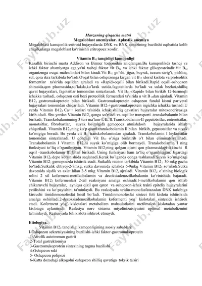 megaloblast anemiyalar. aplastik anemiya — DOCX